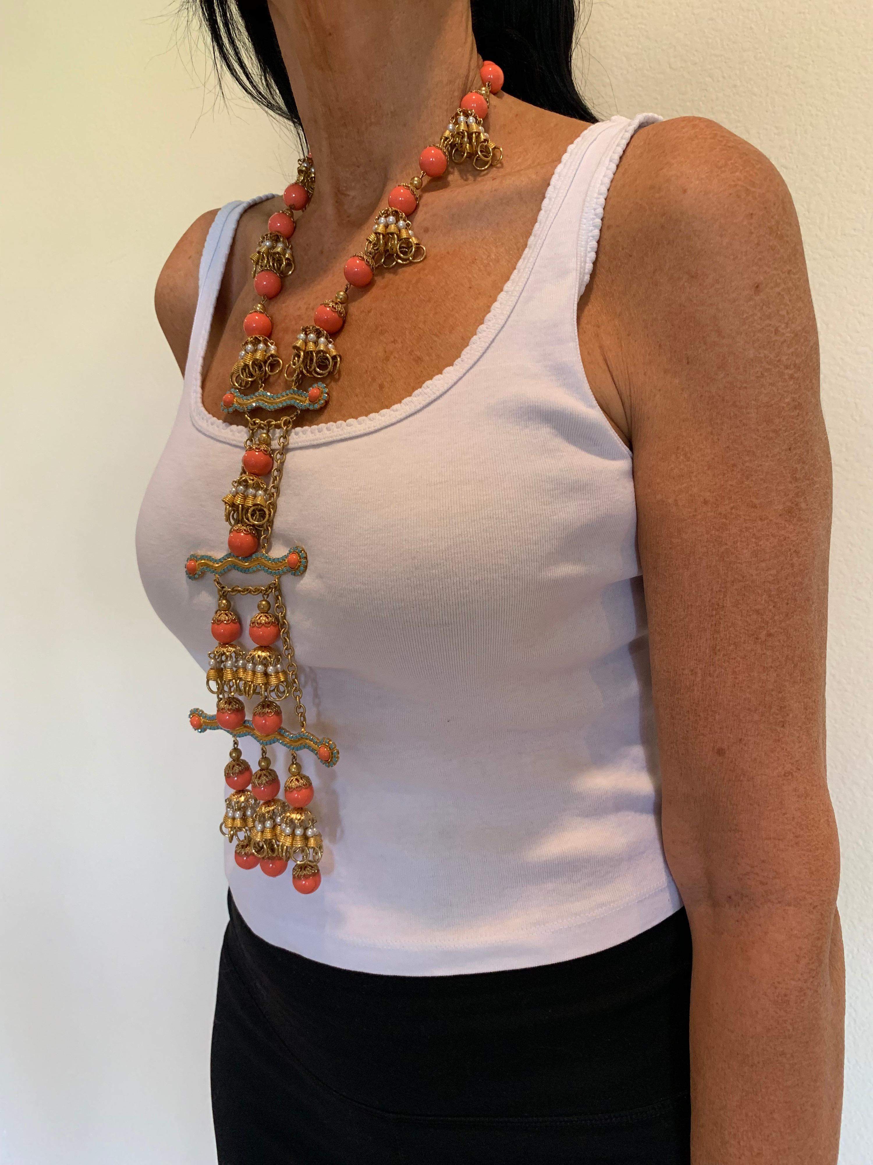 Contemporary Vintage Faux Angel Skin Coral and Persian Turquoise Gilt Statement Necklace 