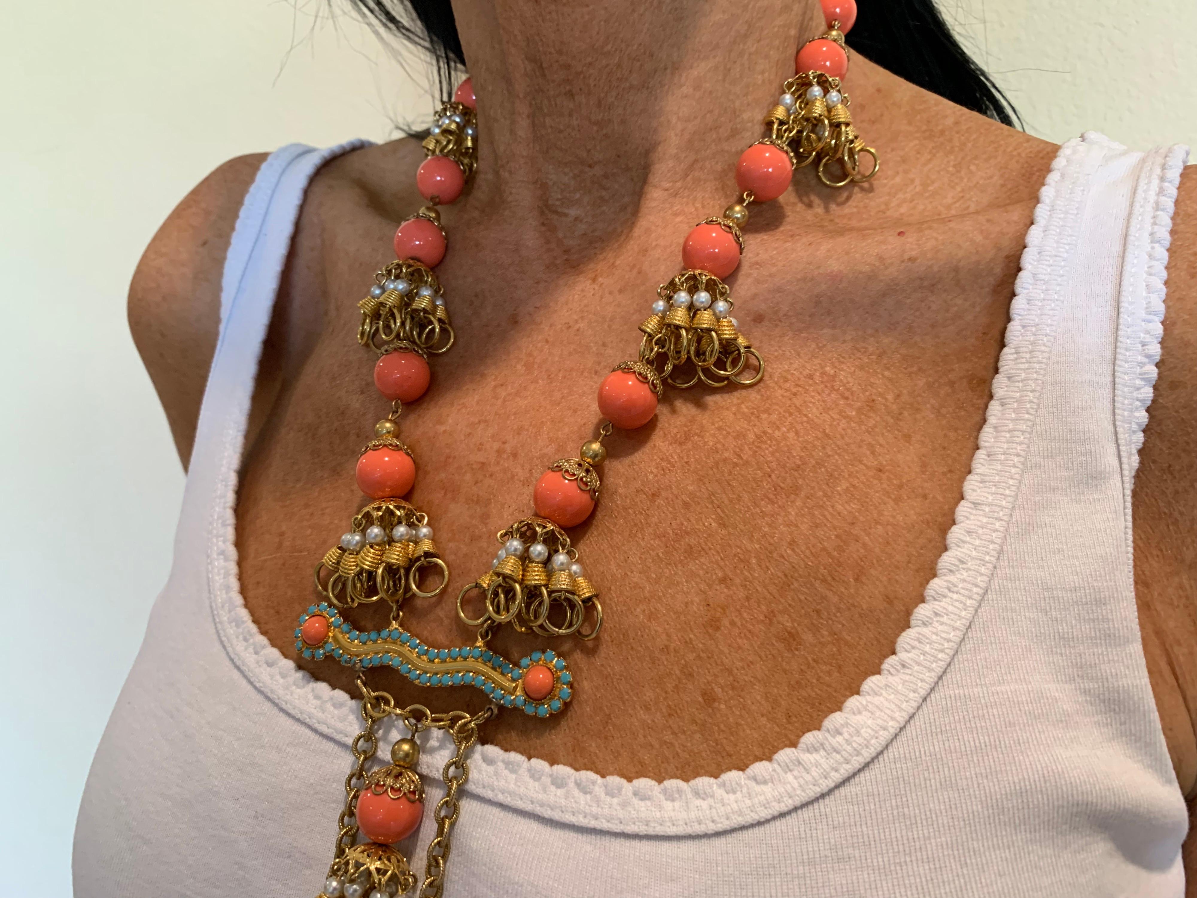 Women's Vintage Faux Angel Skin Coral and Persian Turquoise Gilt Statement Necklace 