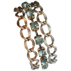 Vintage Faux Aquamarine & White Metal Bracelet - Magnetic Closure - Circa 1980's