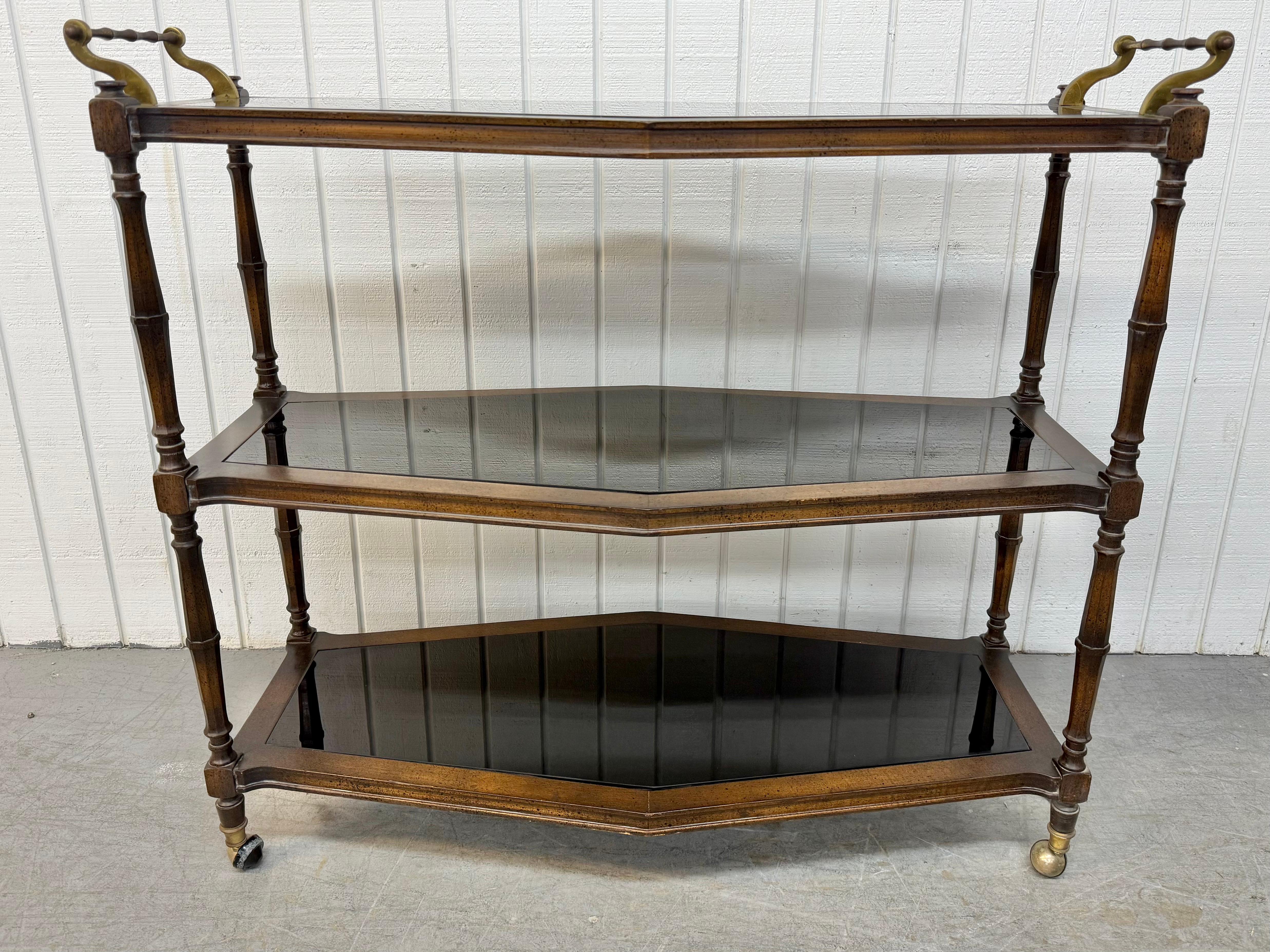 Mid-Century Modern Vintage Faux Bamboo 3-Tier Smoked Glass Serving Cart