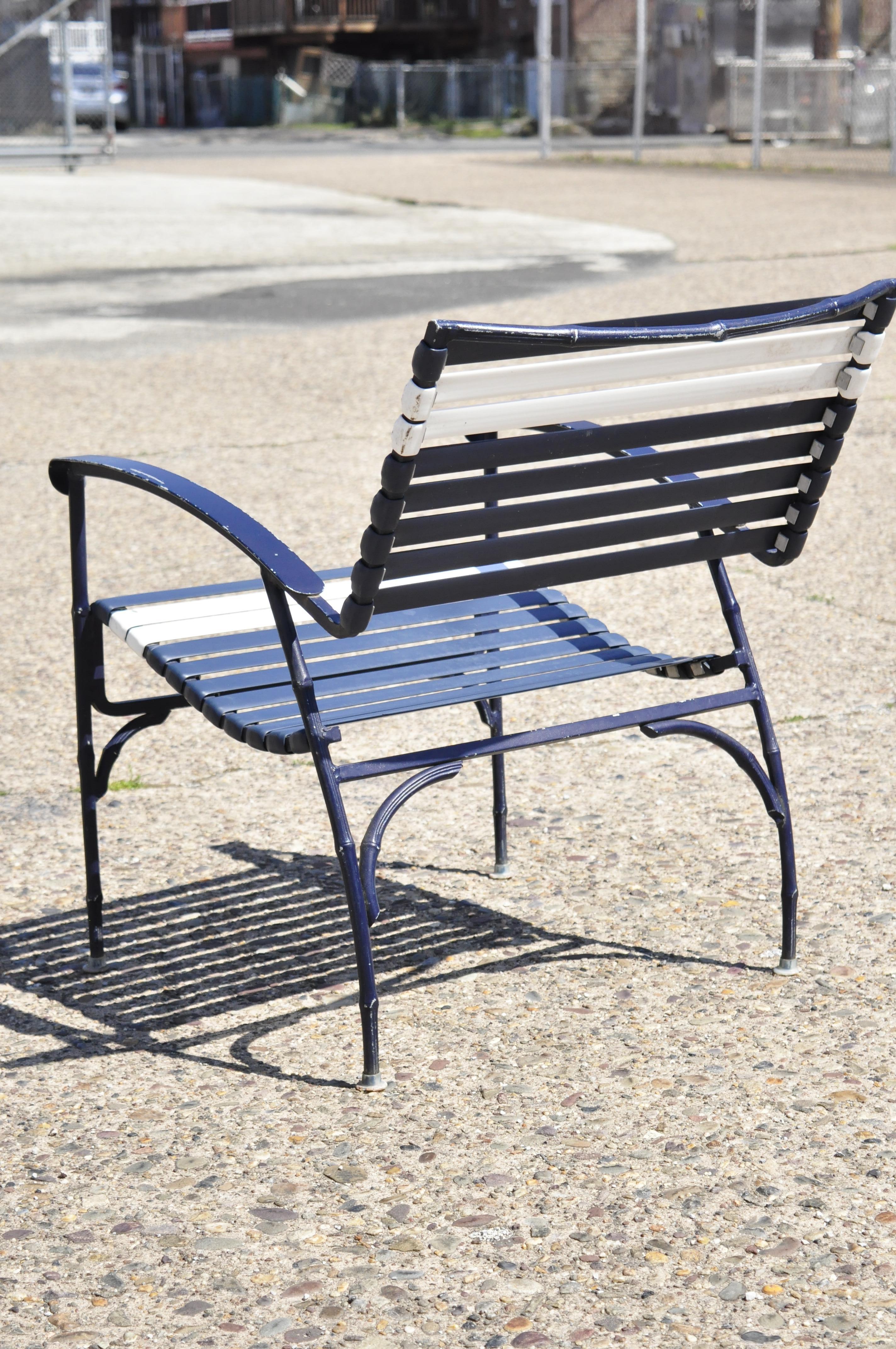 Vintage Faux Bamboo Aluminum Vinyl Straps Blue Patio Lounge Chair and Ottoman For Sale 2