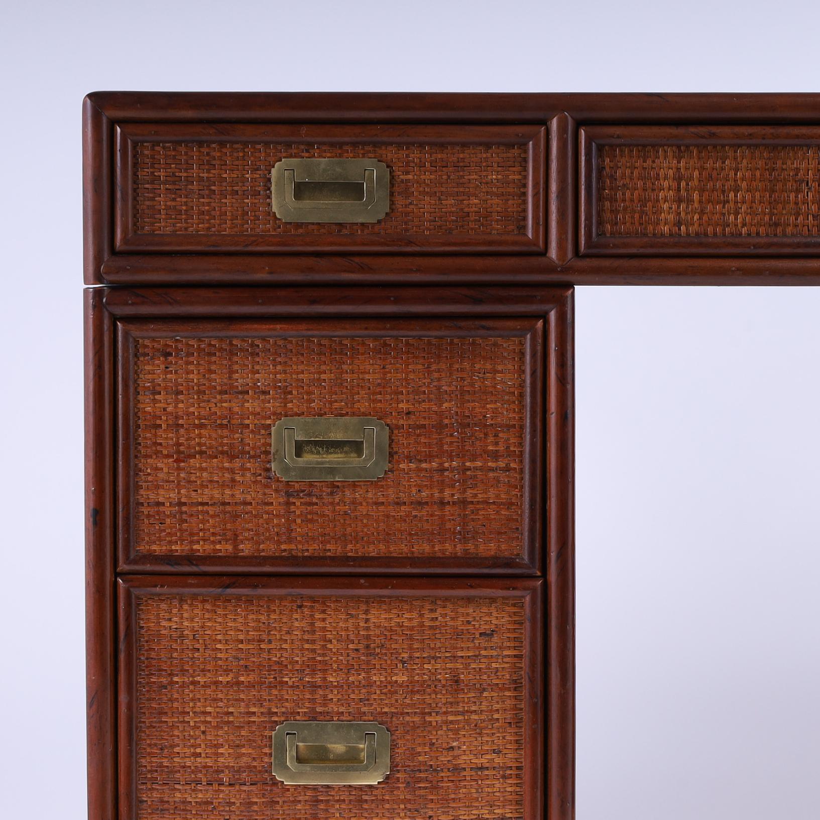 British Colonial Vintage Faux Bamboo and Grasscloth Campaign Style Desk