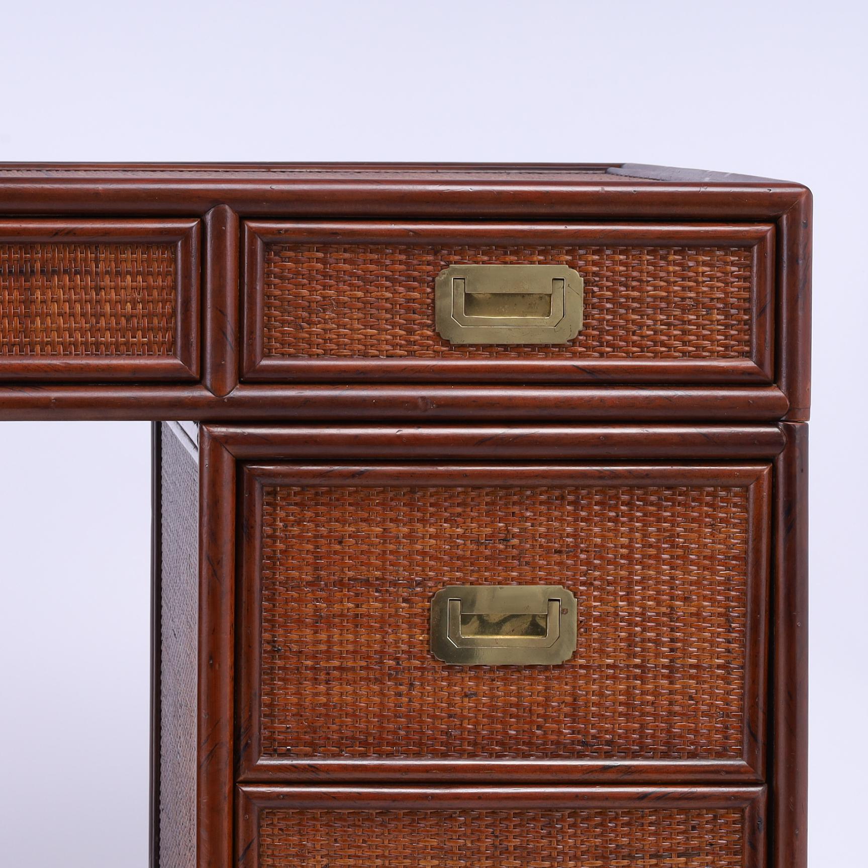 Vintage Faux Bamboo and Grasscloth Campaign Style Desk In Good Condition In Palm Beach, FL