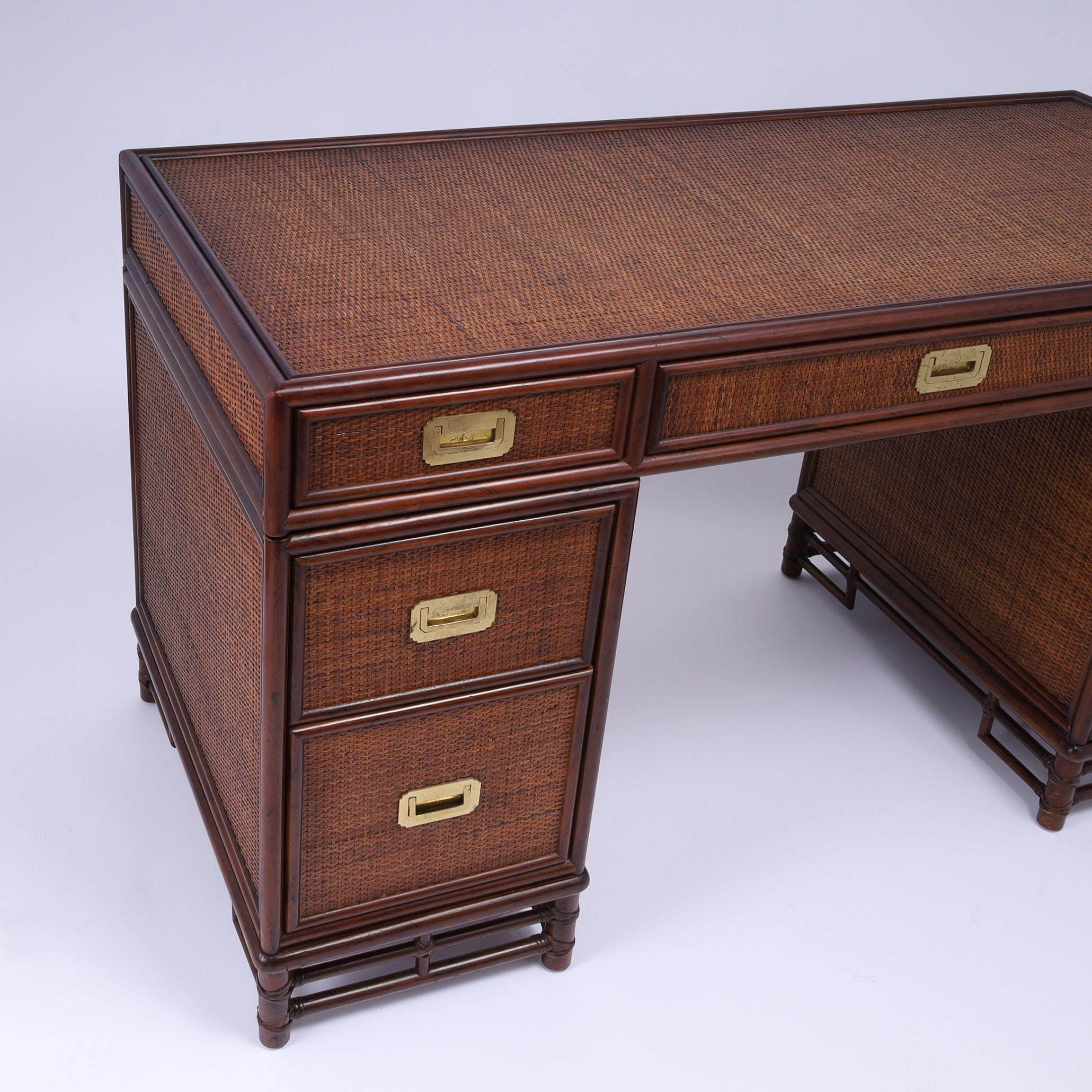 Vintage Faux Bamboo and Grasscloth Campaign Style Desk 1