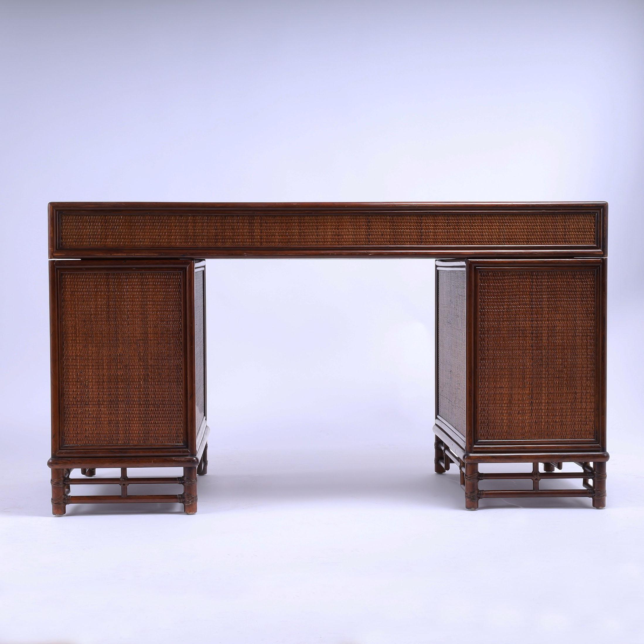 Vintage Faux Bamboo and Grasscloth Campaign Style Desk 2