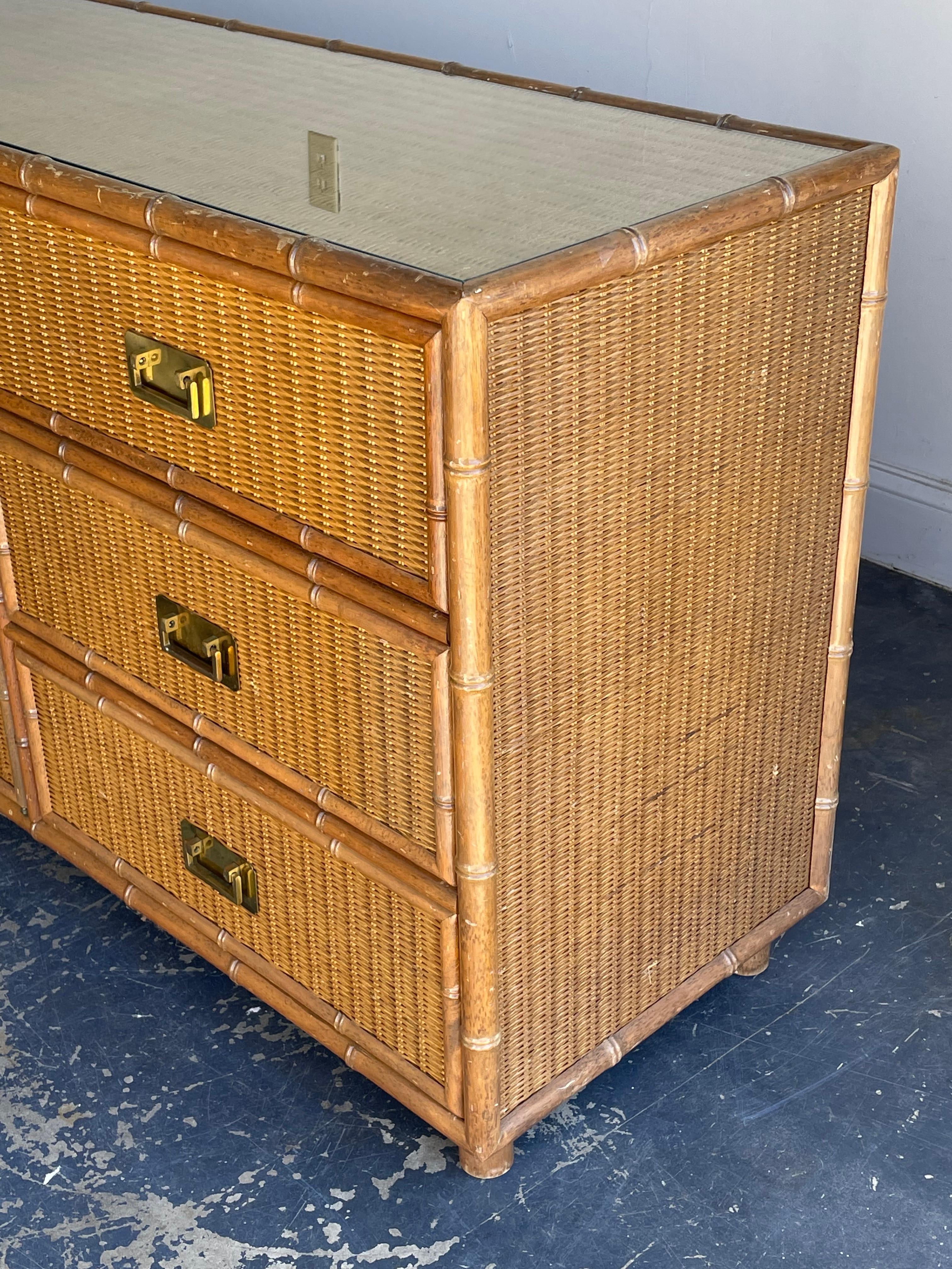 Vintage Faux Bamboo and Rattan Campaign Style Sideboard or Dresser In Good Condition In St.Petersburg, FL