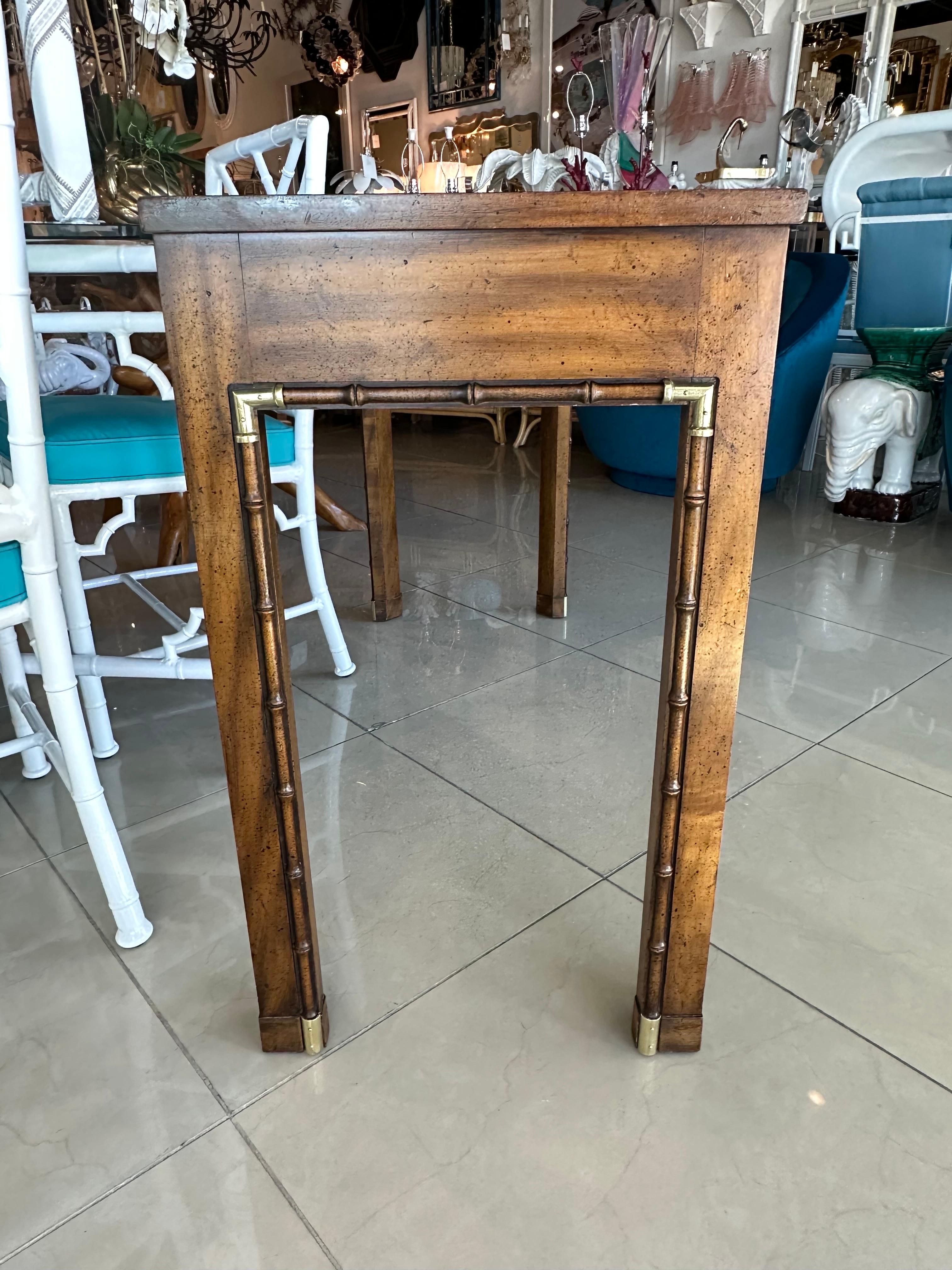 Vintage Faux Bamboo Brass & Wood Weiman Console Table or Desk with Drawers For Sale 5