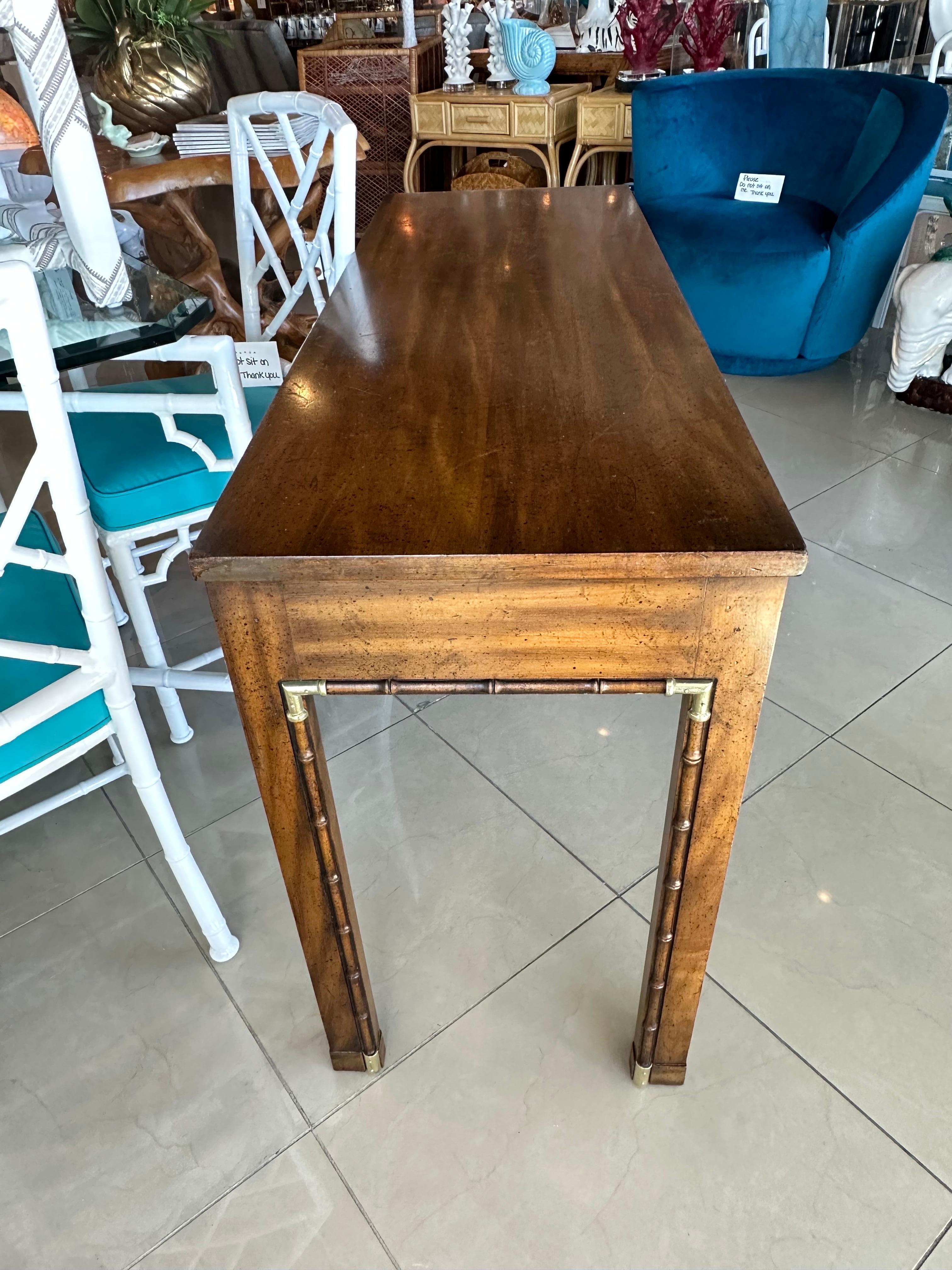 Vintage Faux Bamboo Brass & Wood Weiman Console Table or Desk with Drawers For Sale 11