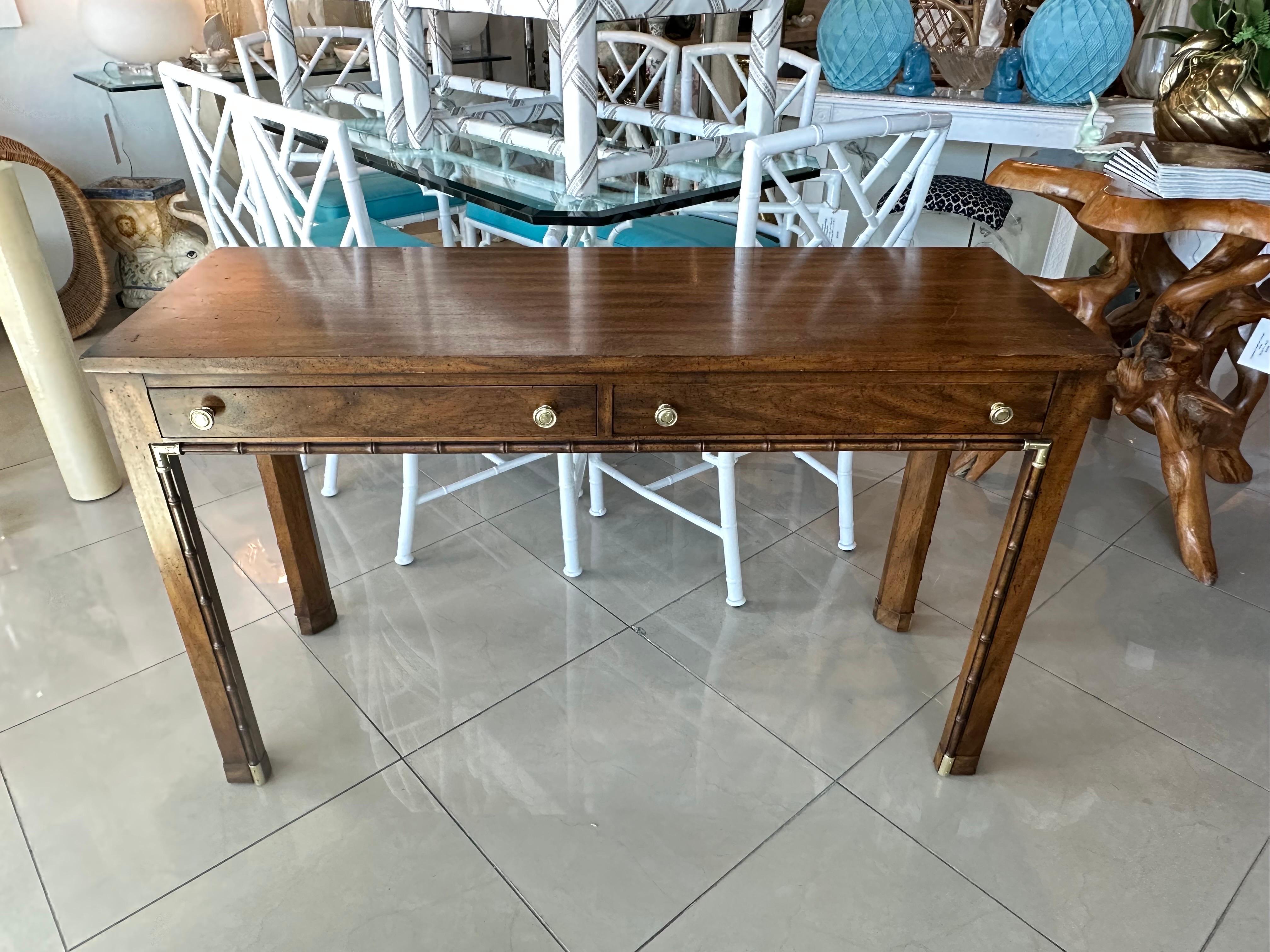 Vintage Faux Bamboo Brass & Wood Weiman Console Table or Desk with Drawers In Good Condition In West Palm Beach, FL
