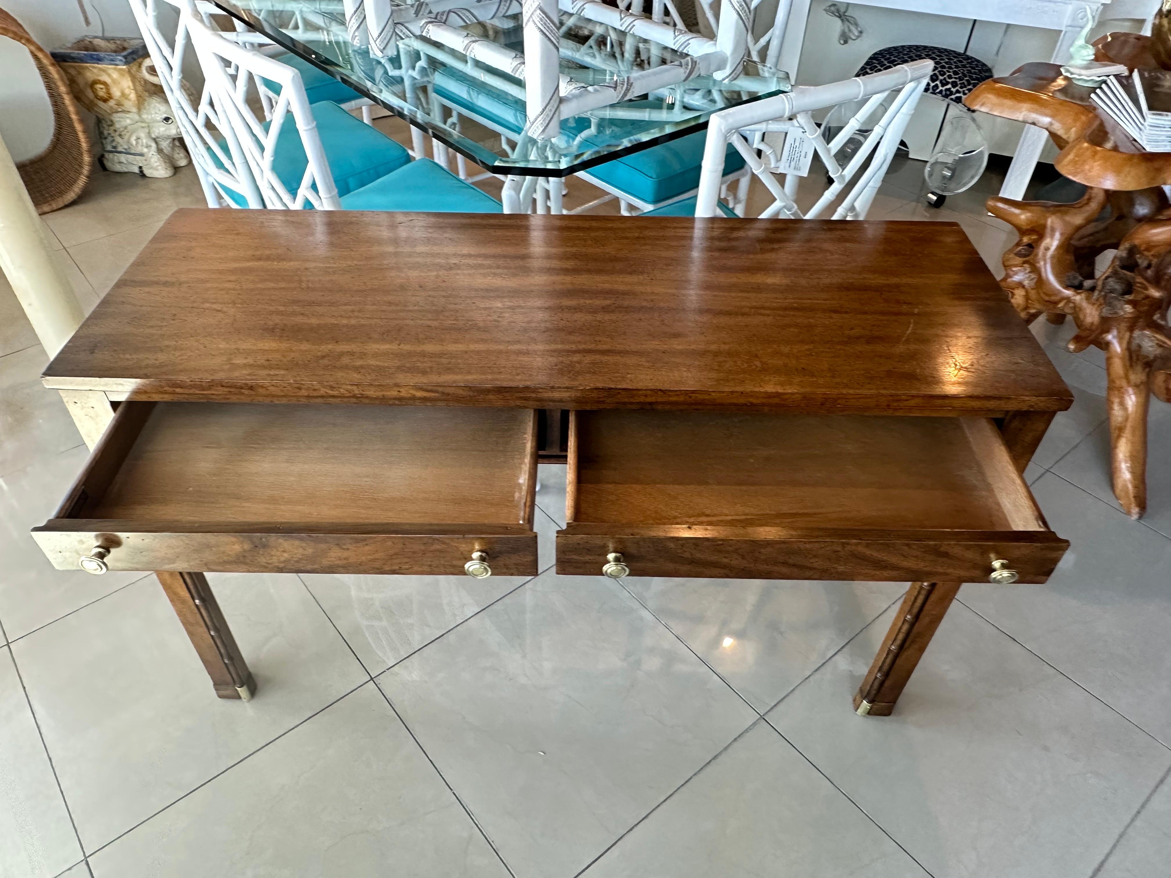 Vintage Faux Bamboo Brass & Wood Weiman Console Table or Desk with Drawers For Sale 3