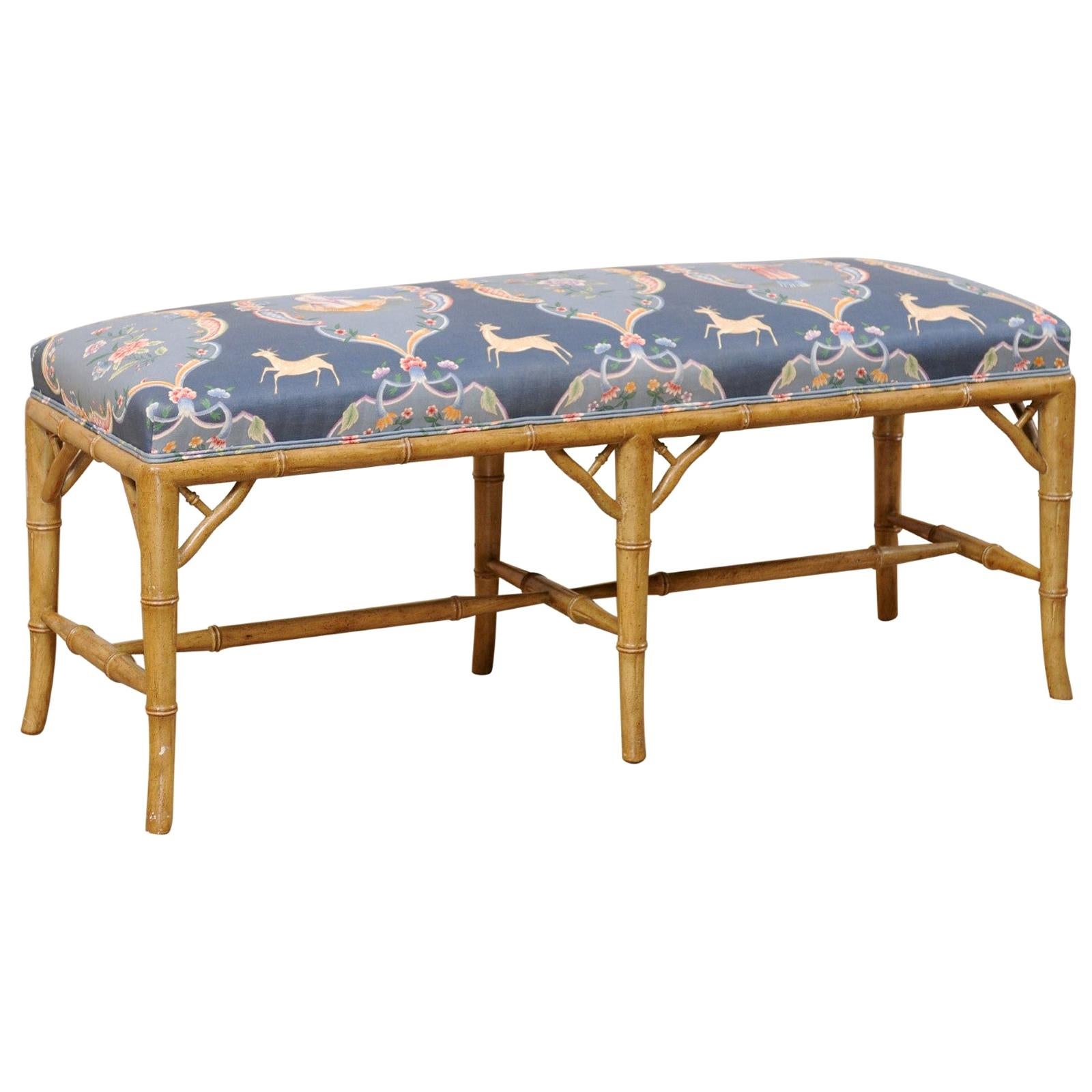 Vintage Faux-Bamboo Carved Wood Bench with Upholstered Seat