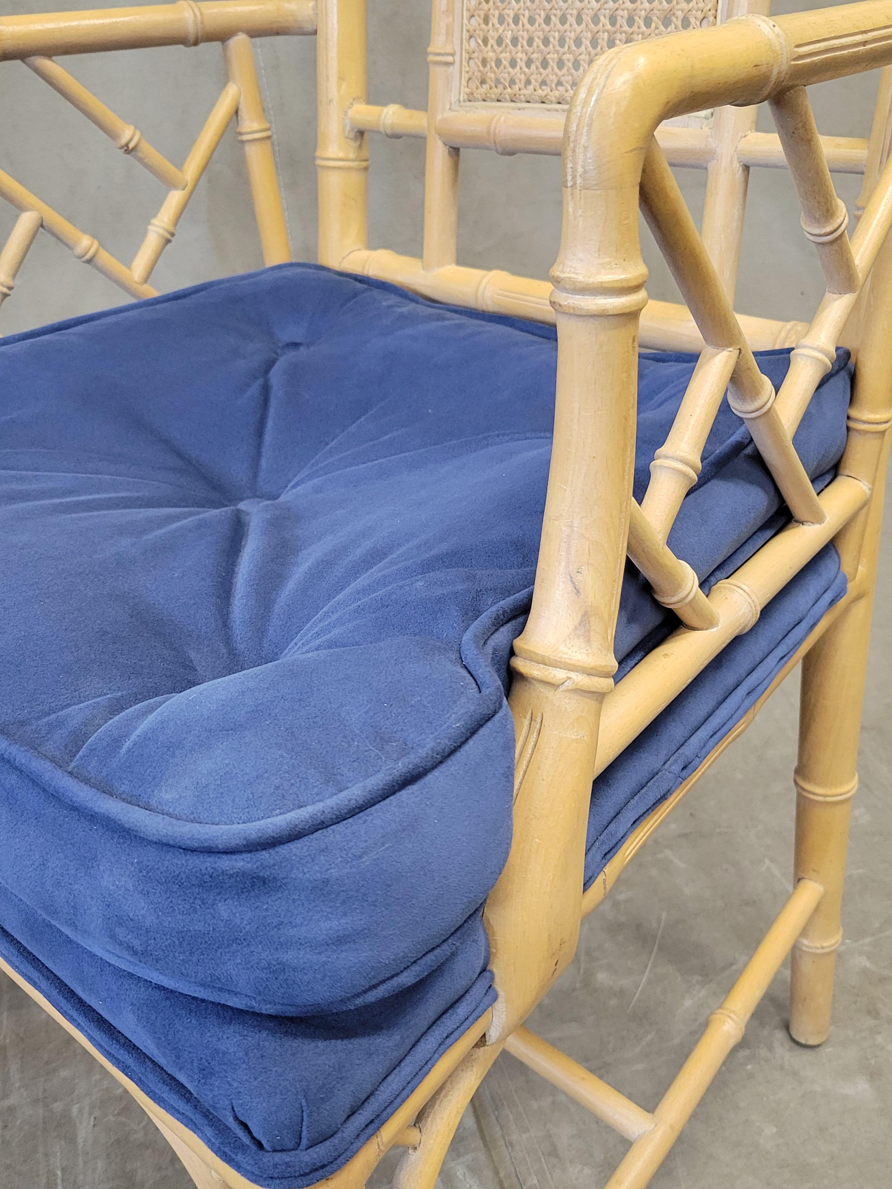 Vintage Faux Bamboo Chairs With Blue Cushions - a Pair For Sale 4