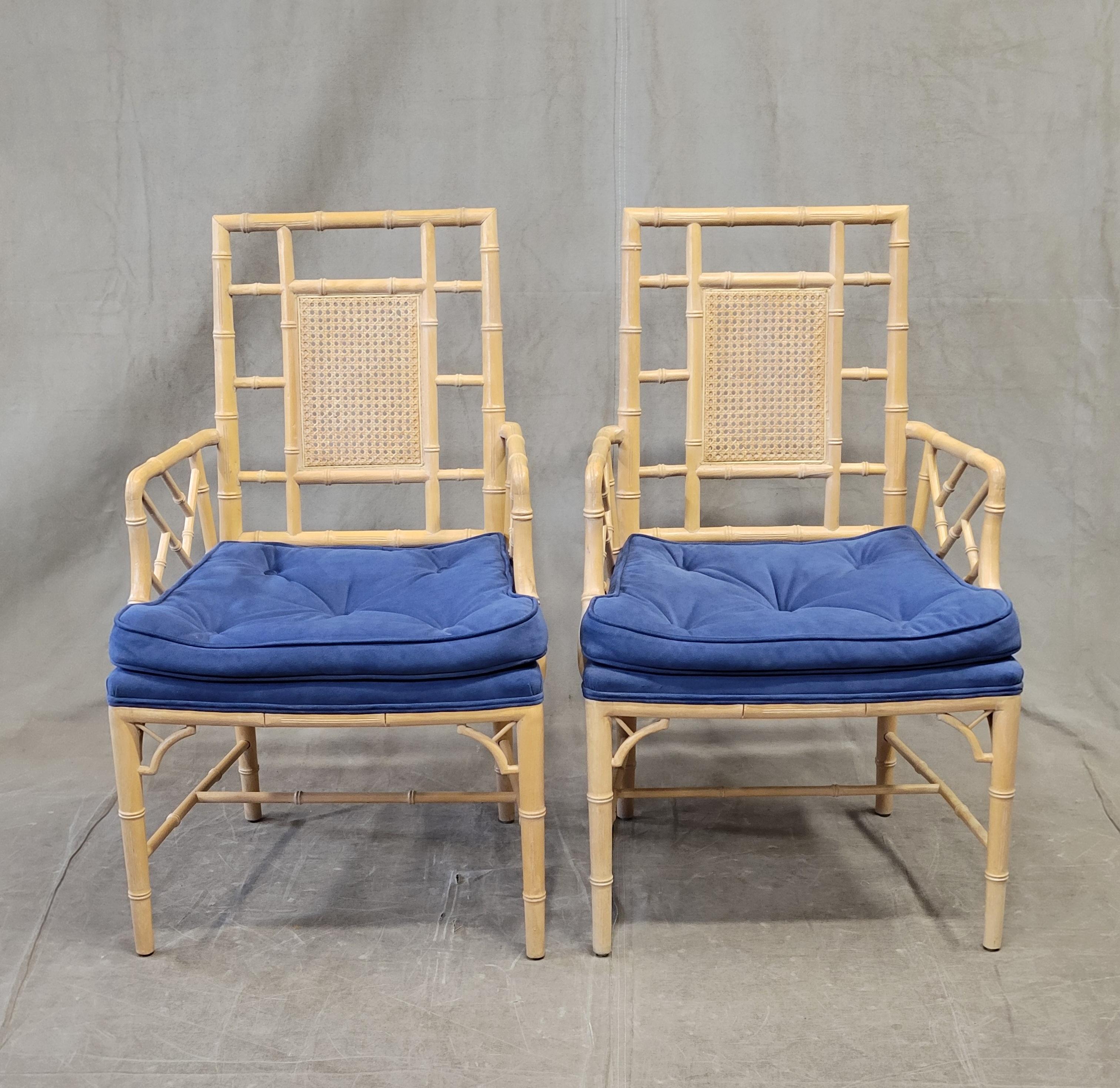 Chinoiserie Vintage Faux Bamboo Chairs With Blue Cushions - a Pair For Sale
