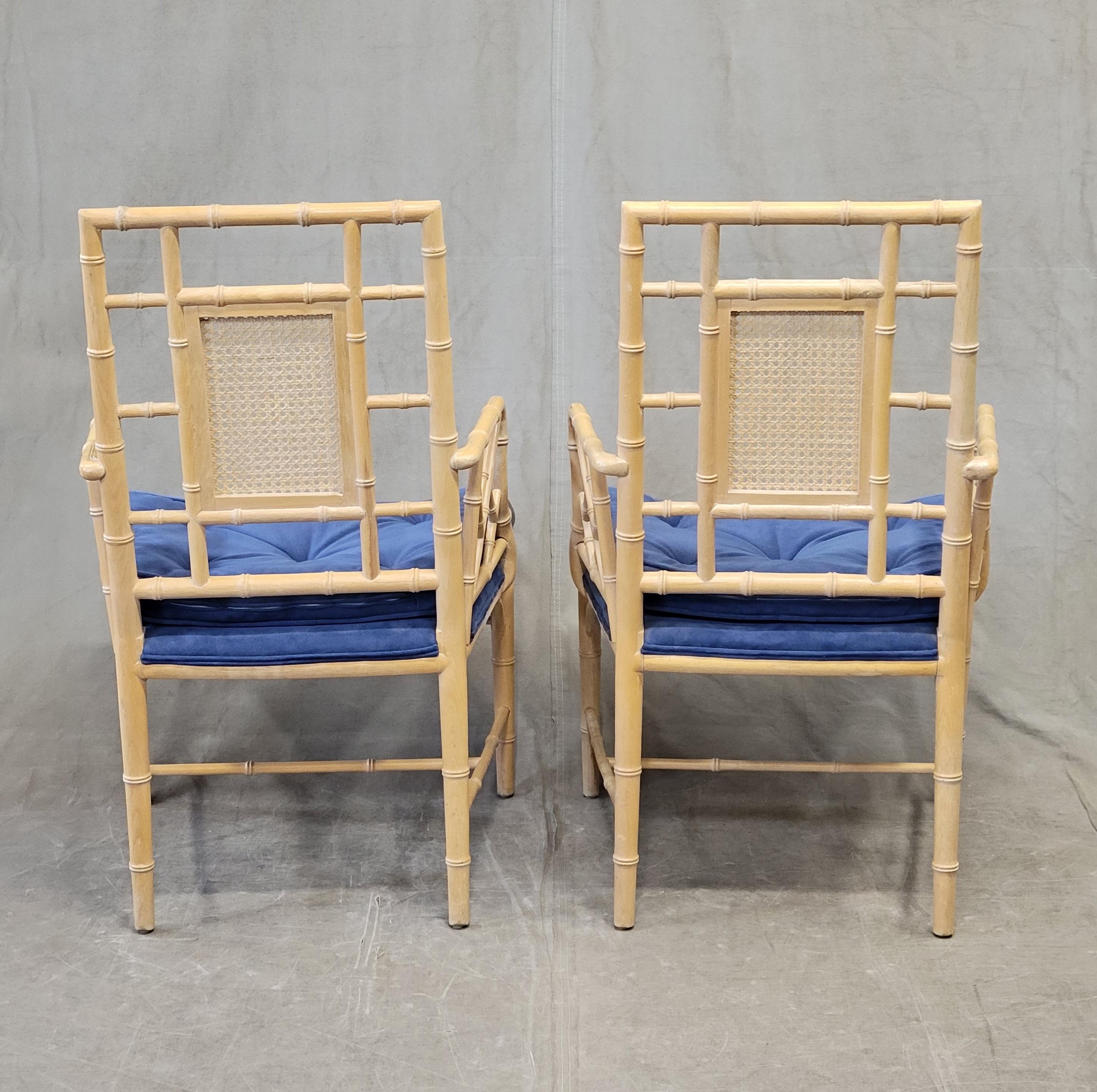 Unknown Vintage Faux Bamboo Chairs With Blue Cushions - a Pair For Sale