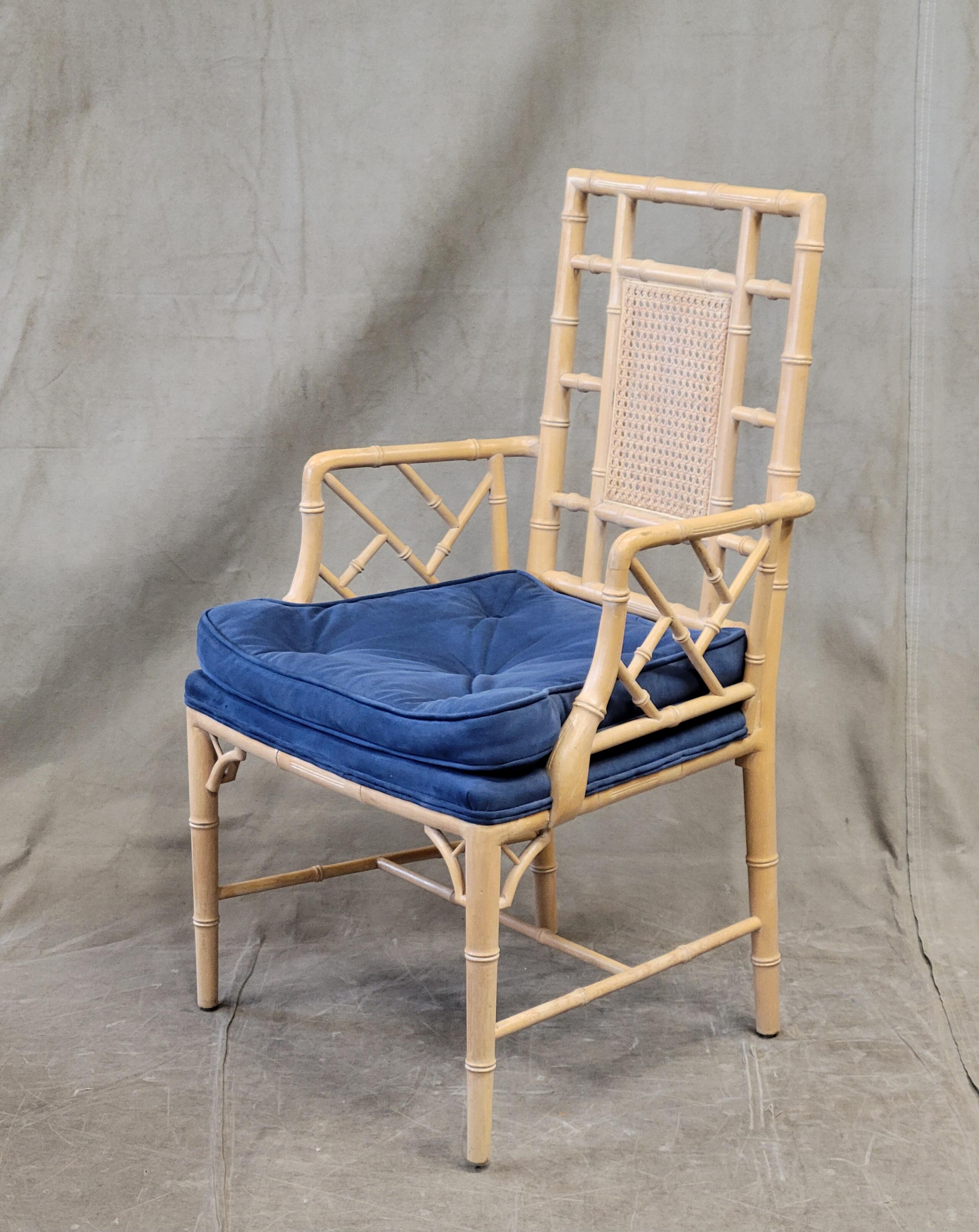 Vintage Faux Bamboo Chairs With Blue Cushions - a Pair In Good Condition For Sale In Centennial, CO