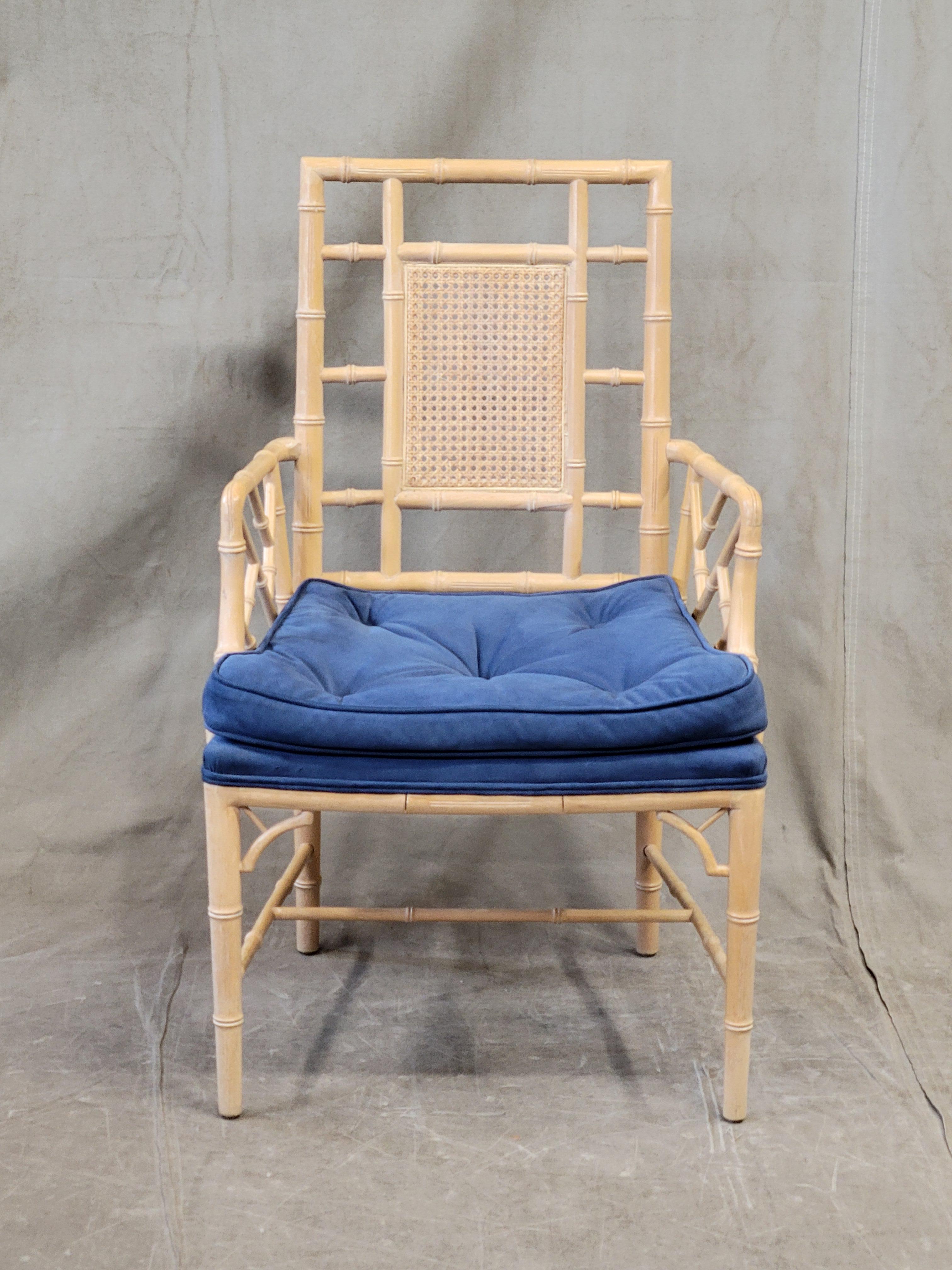 Late 20th Century Vintage Faux Bamboo Chairs With Blue Cushions - a Pair For Sale