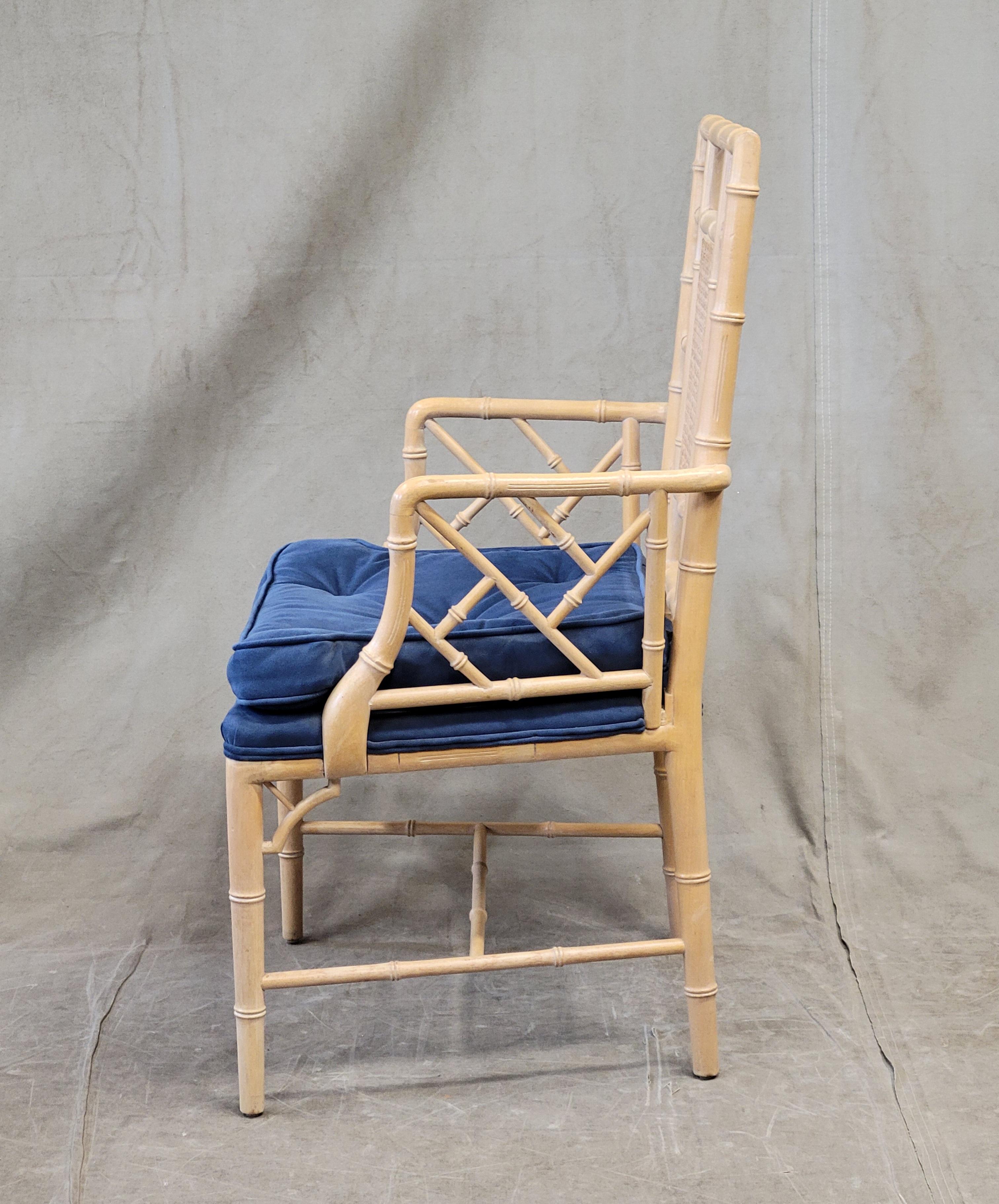 Fabric Vintage Faux Bamboo Chairs With Blue Cushions - a Pair For Sale