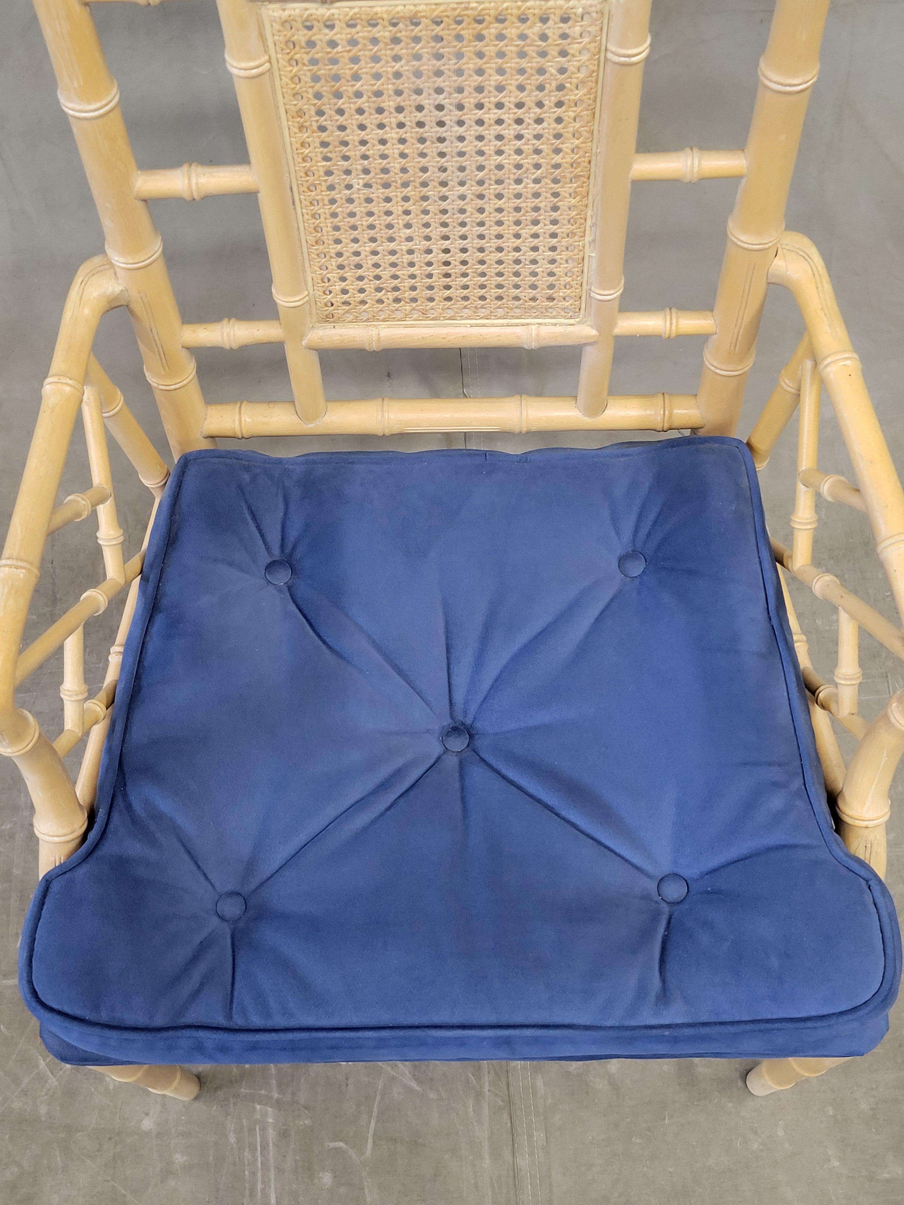 Vintage Faux Bamboo Chairs With Blue Cushions - a Pair For Sale 1