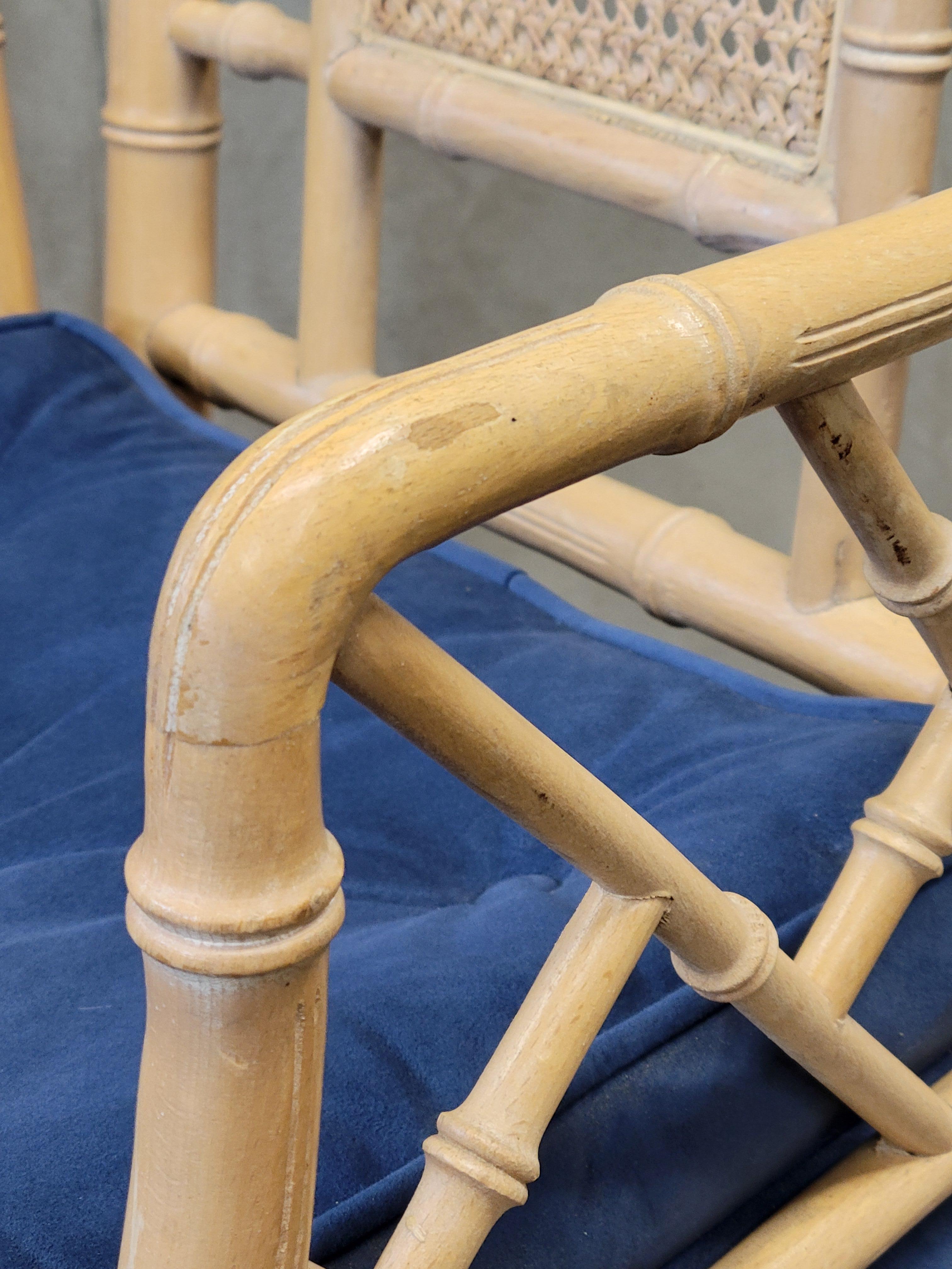 Vintage Faux Bamboo Chairs With Blue Cushions - a Pair For Sale 2