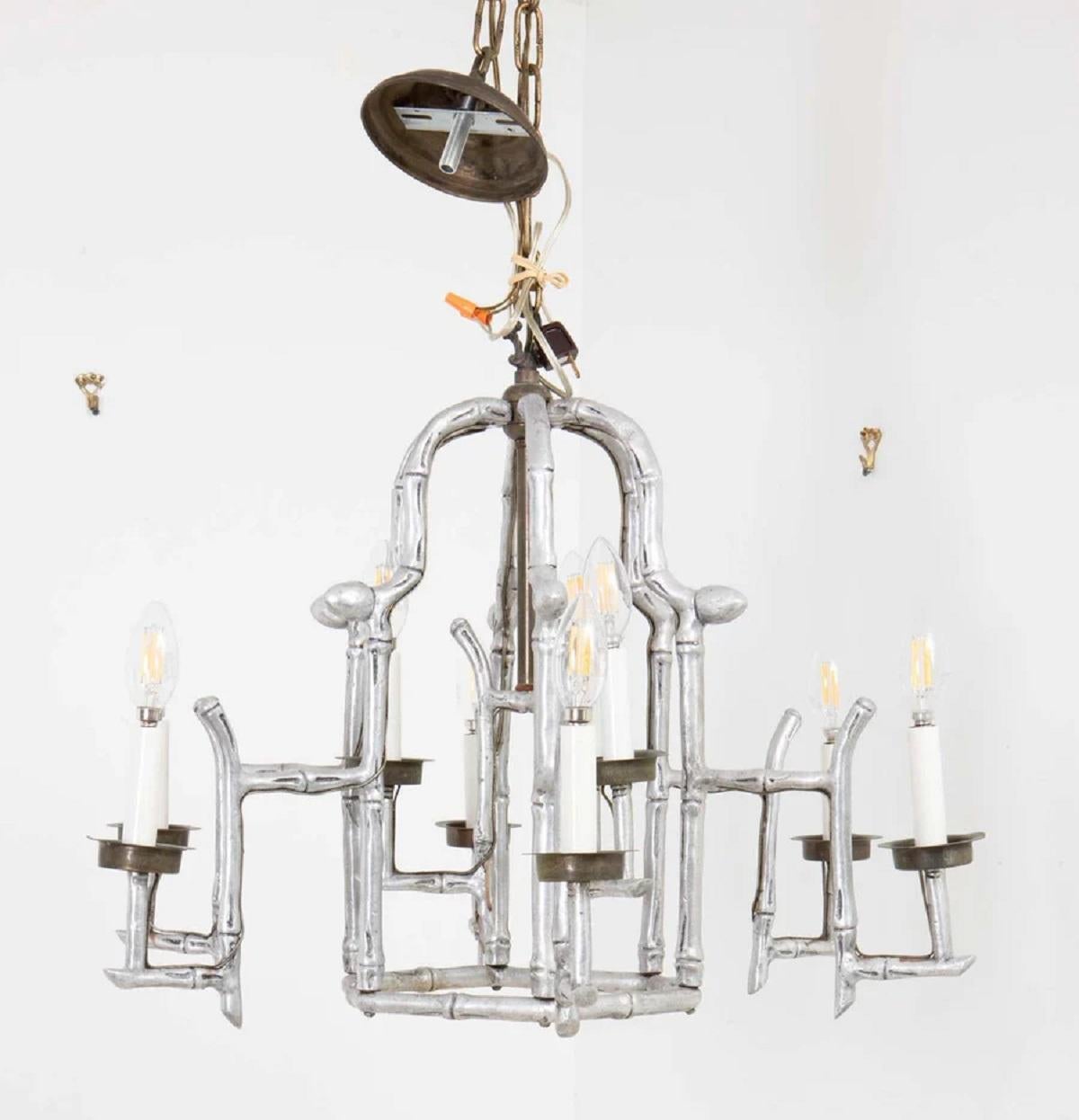 Large Vintage Faux Bamboo Chandelier in aluminum and brass. 27