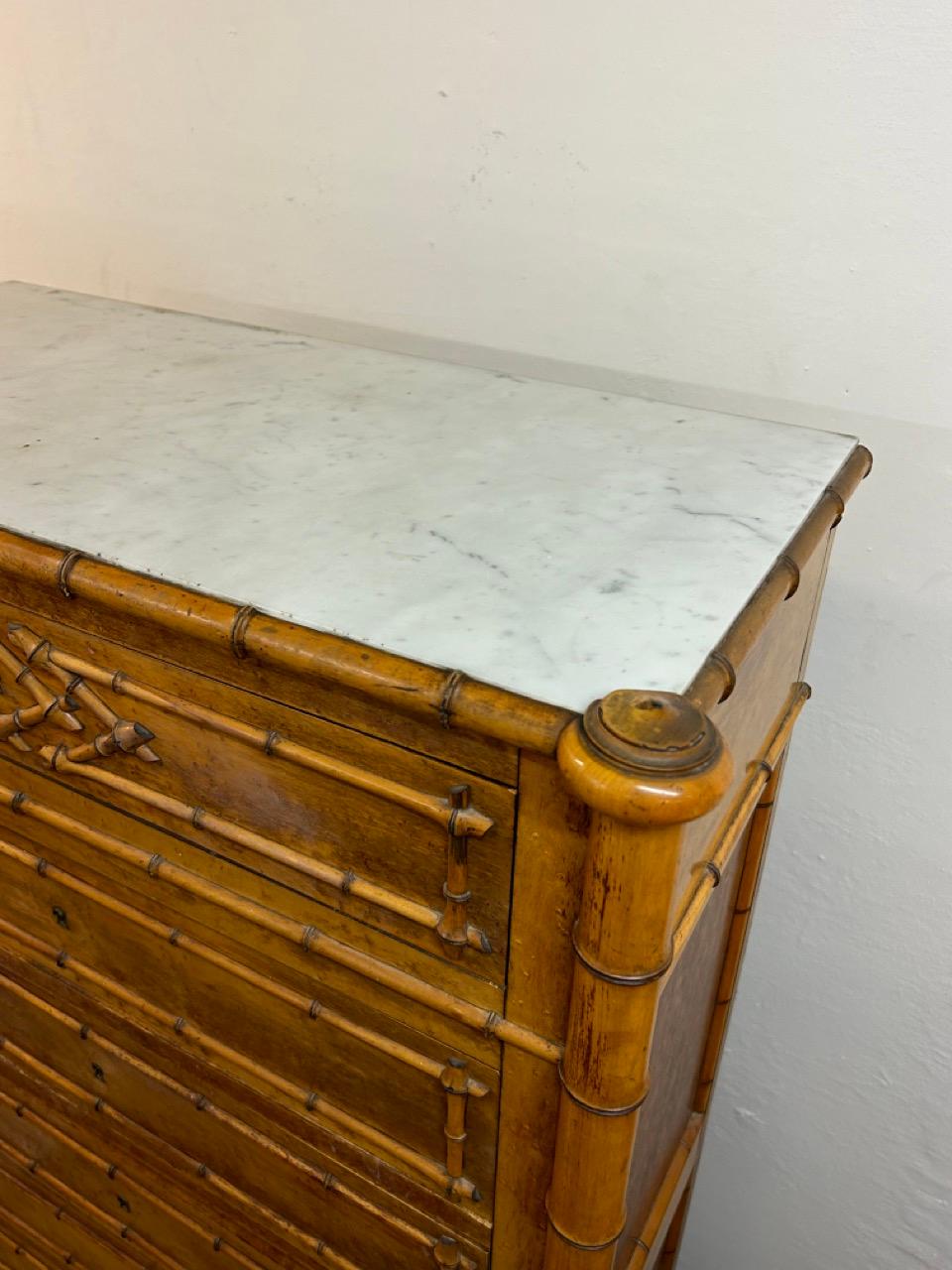 Vintage Faux Bamboo Chest of Drawers with White Marble Top, France, 1900s In Good Condition For Sale In Copenhagen K, DK