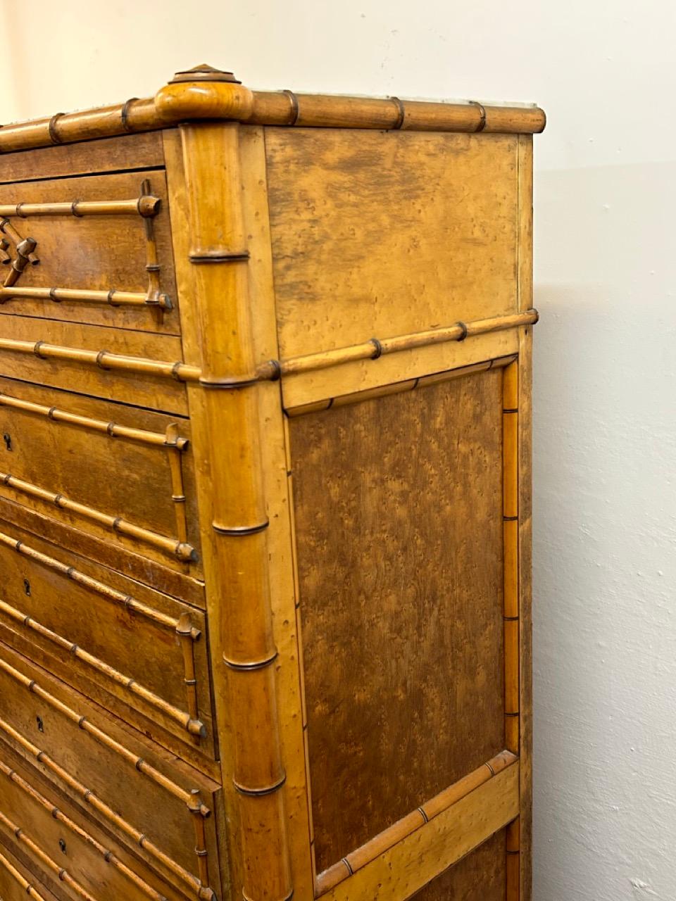 20th Century Vintage Faux Bamboo Chest of Drawers with White Marble Top, France, 1900s For Sale