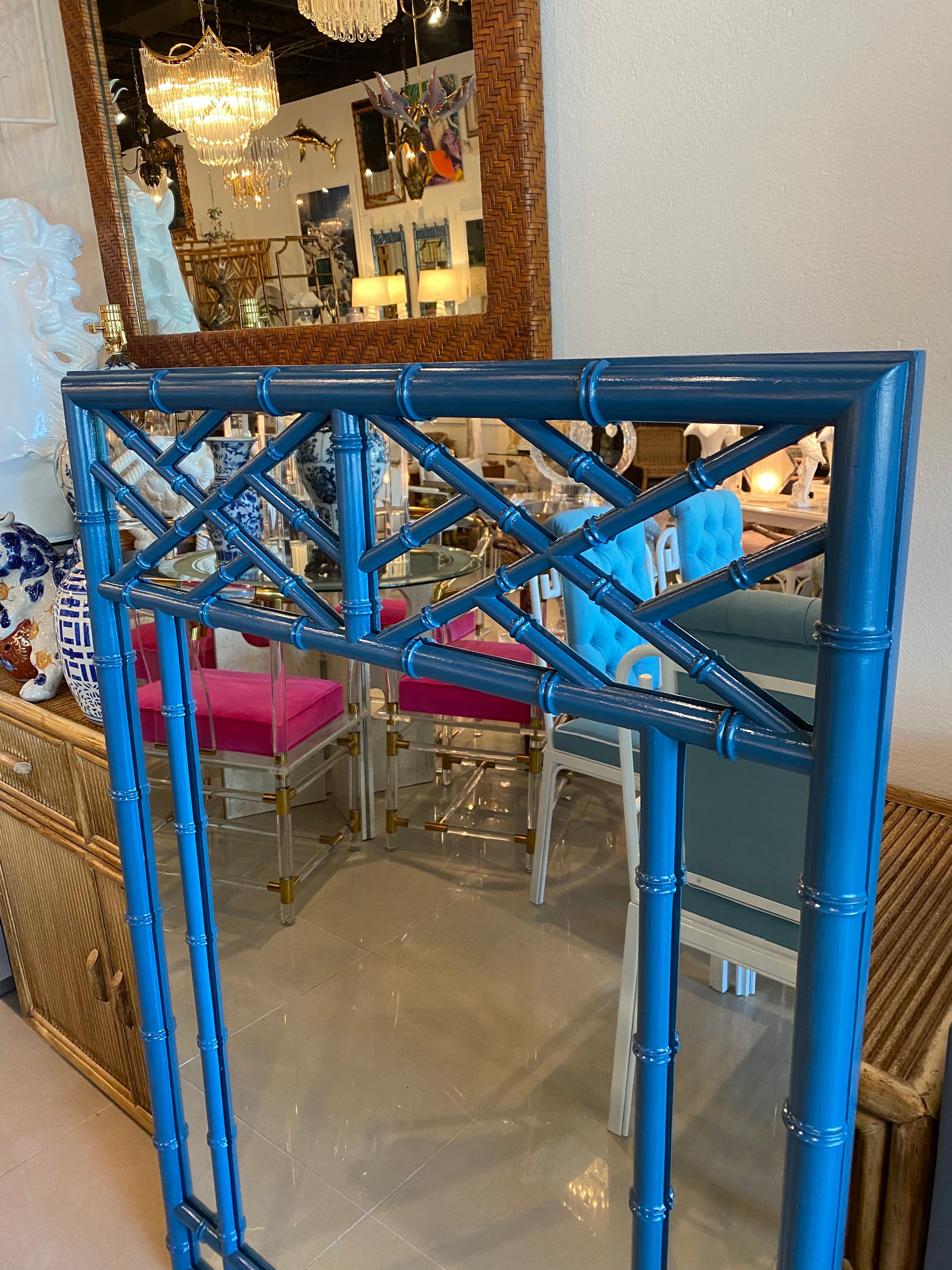 Vintage Faux Bamboo Chinese Chippendale Blue Lacquered Wall Mirror For Sale 6