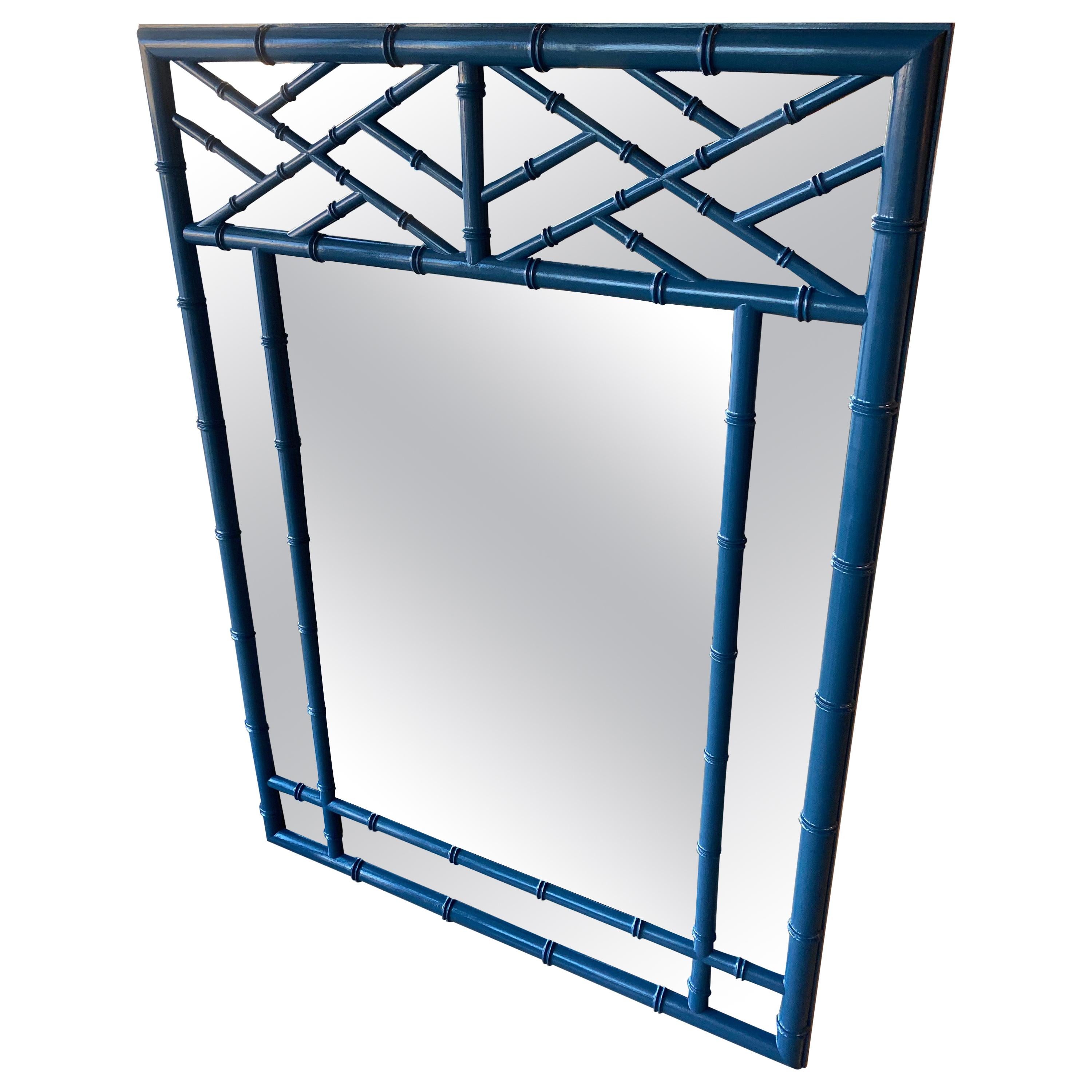Vintage Faux Bamboo Chinese Chippendale Blue Lacquered Wall Mirror For Sale