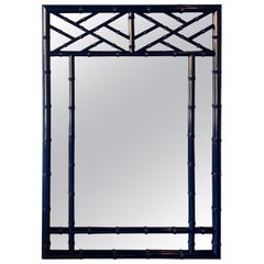 Vintage Faux Bamboo Chinese Chippendale Navy Blue Lacquered Wall Mirror