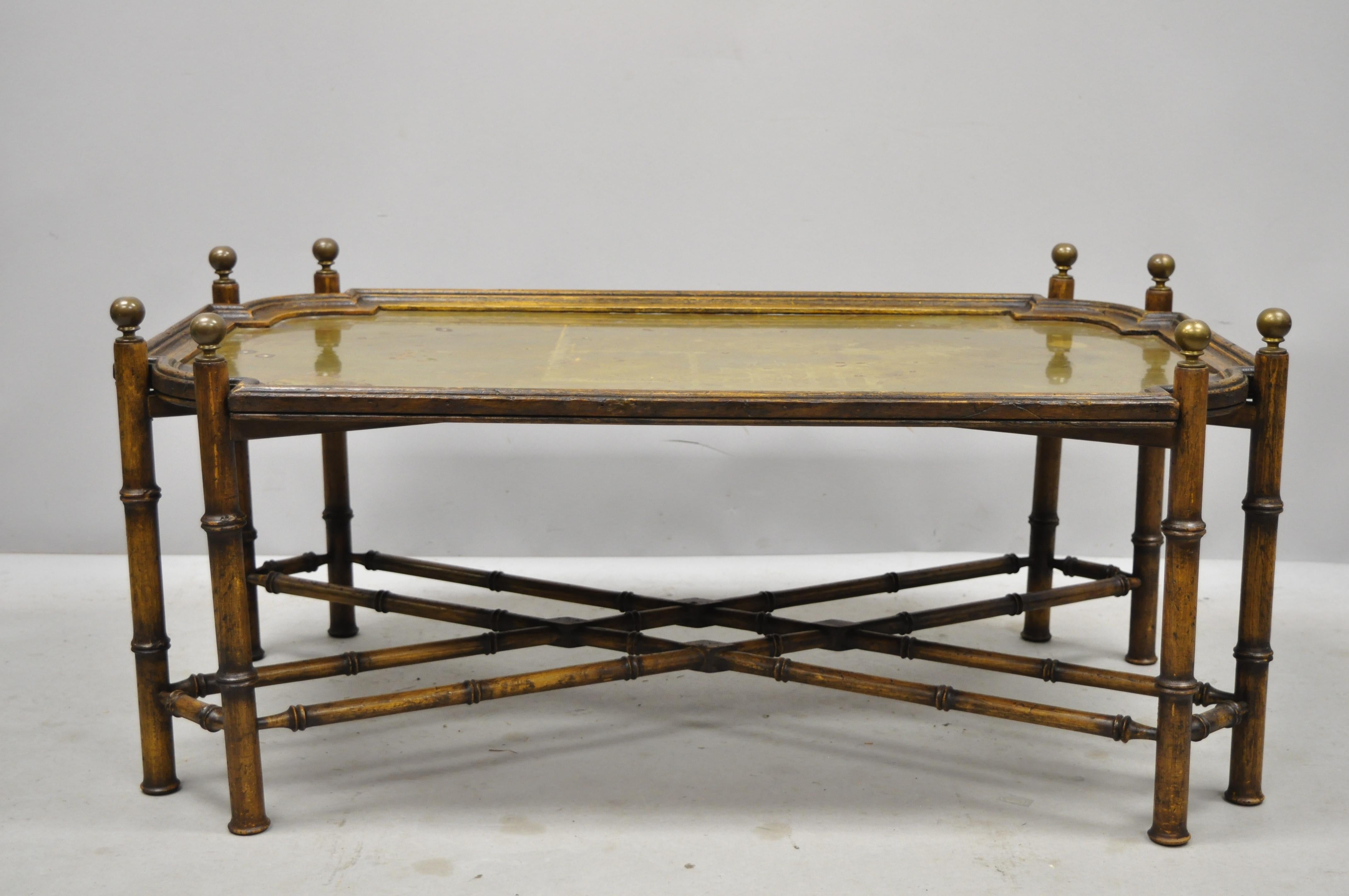 Vintage Faux Bamboo Chinese Chippendale Style Brass Tray Top Coffee Table 3