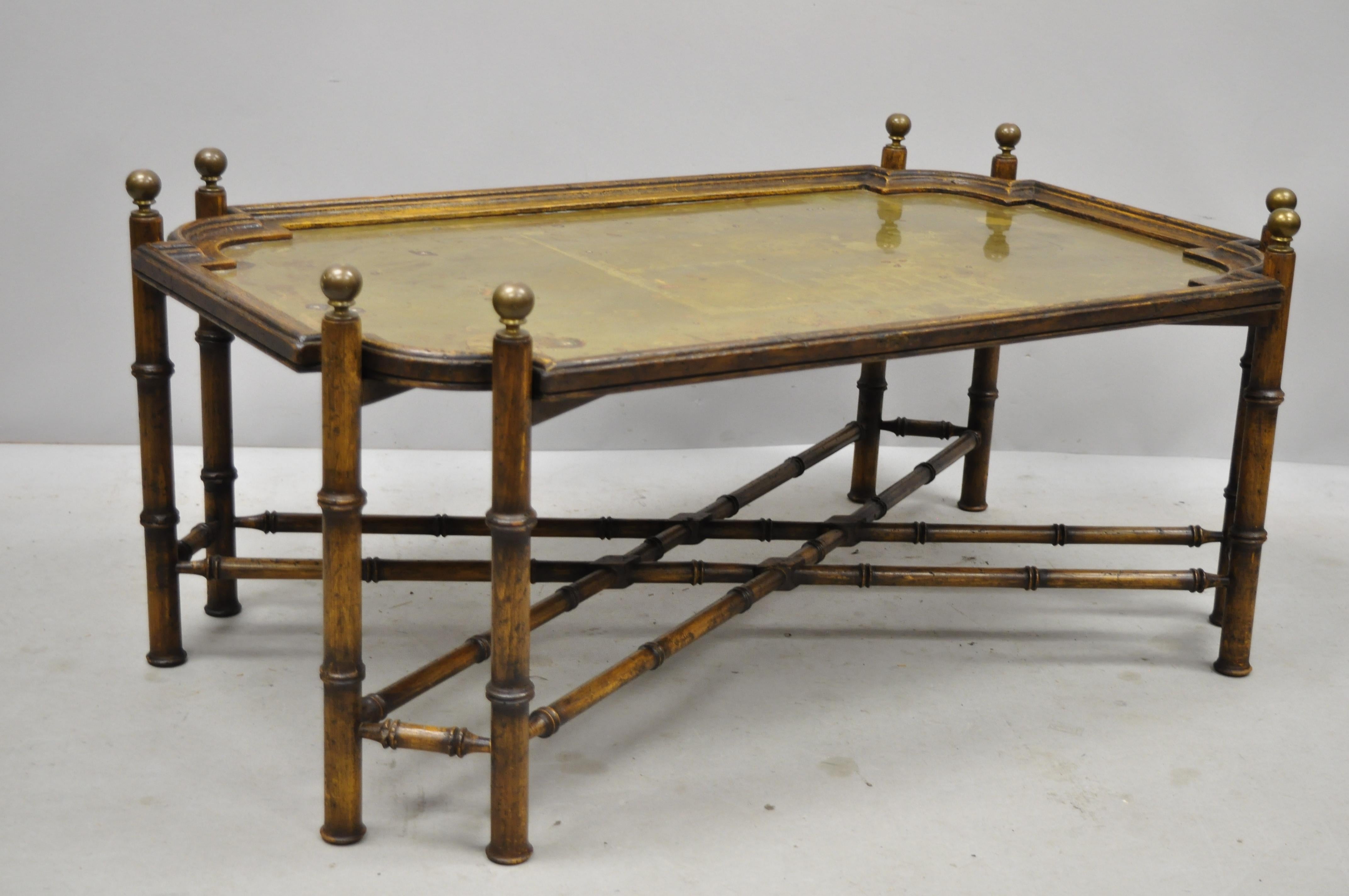 Vintage Faux Bamboo Chinese Chippendale Style Brass Tray Top Coffee Table 5
