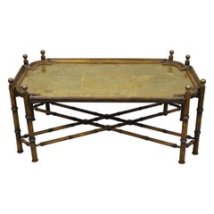 Vintage Faux Bamboo Chinese Chippendale Style Brass Tray Top Coffee Table
