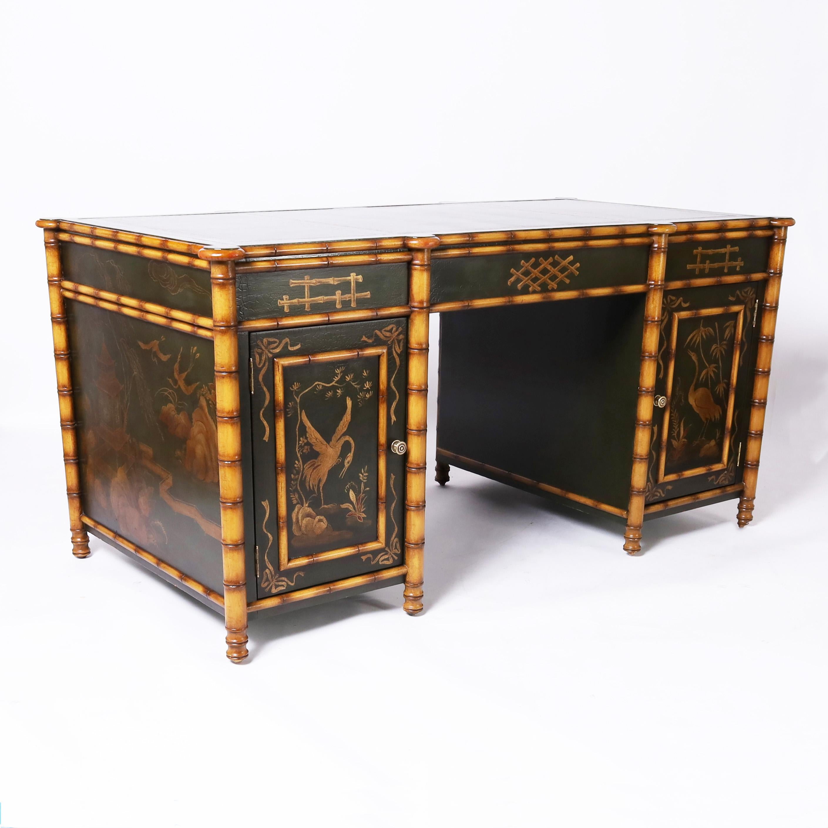 Vintage Faux Bamboo Chinoiserie Leather Top Desk 4