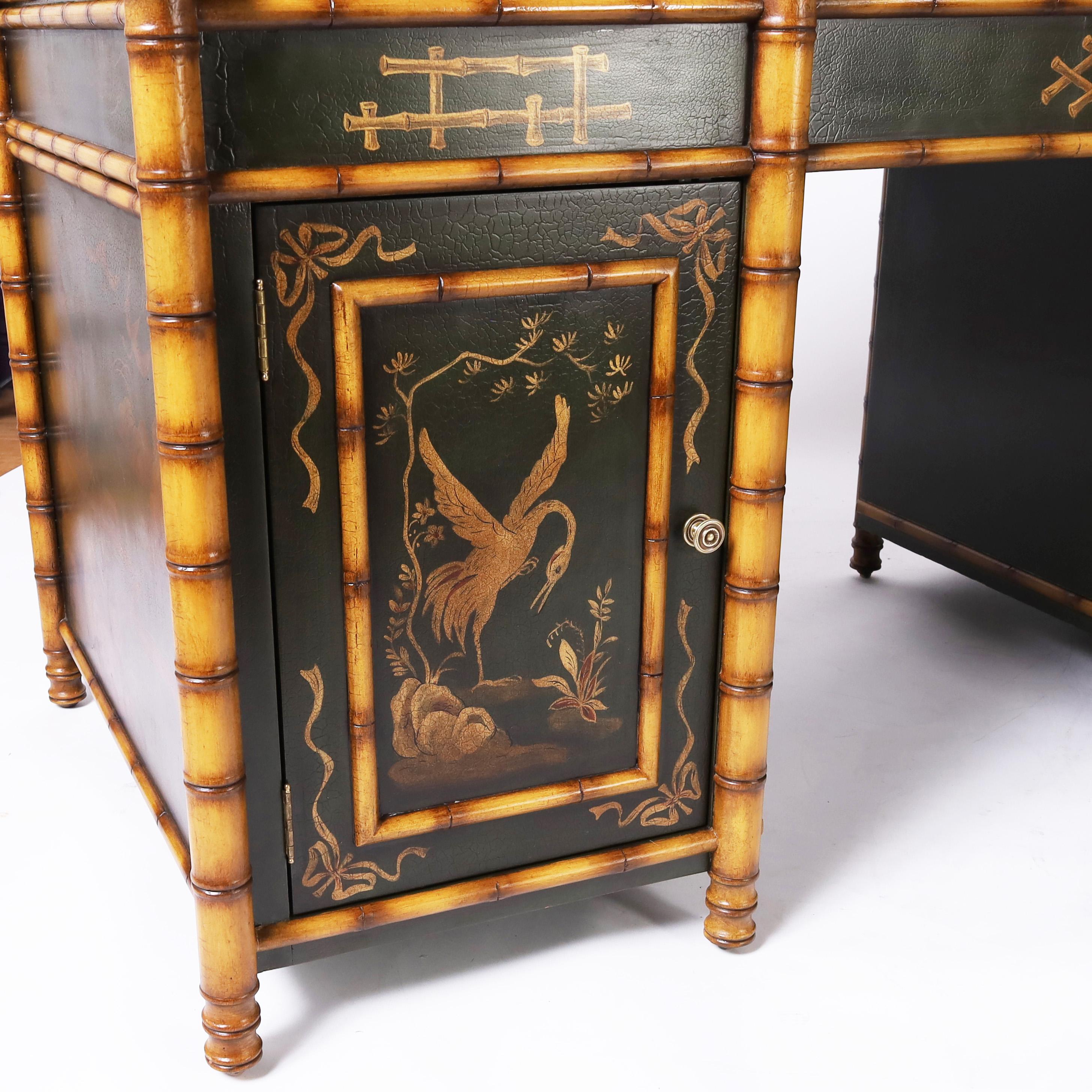 Vintage Faux Bamboo Chinoiserie Leather Top Desk 5