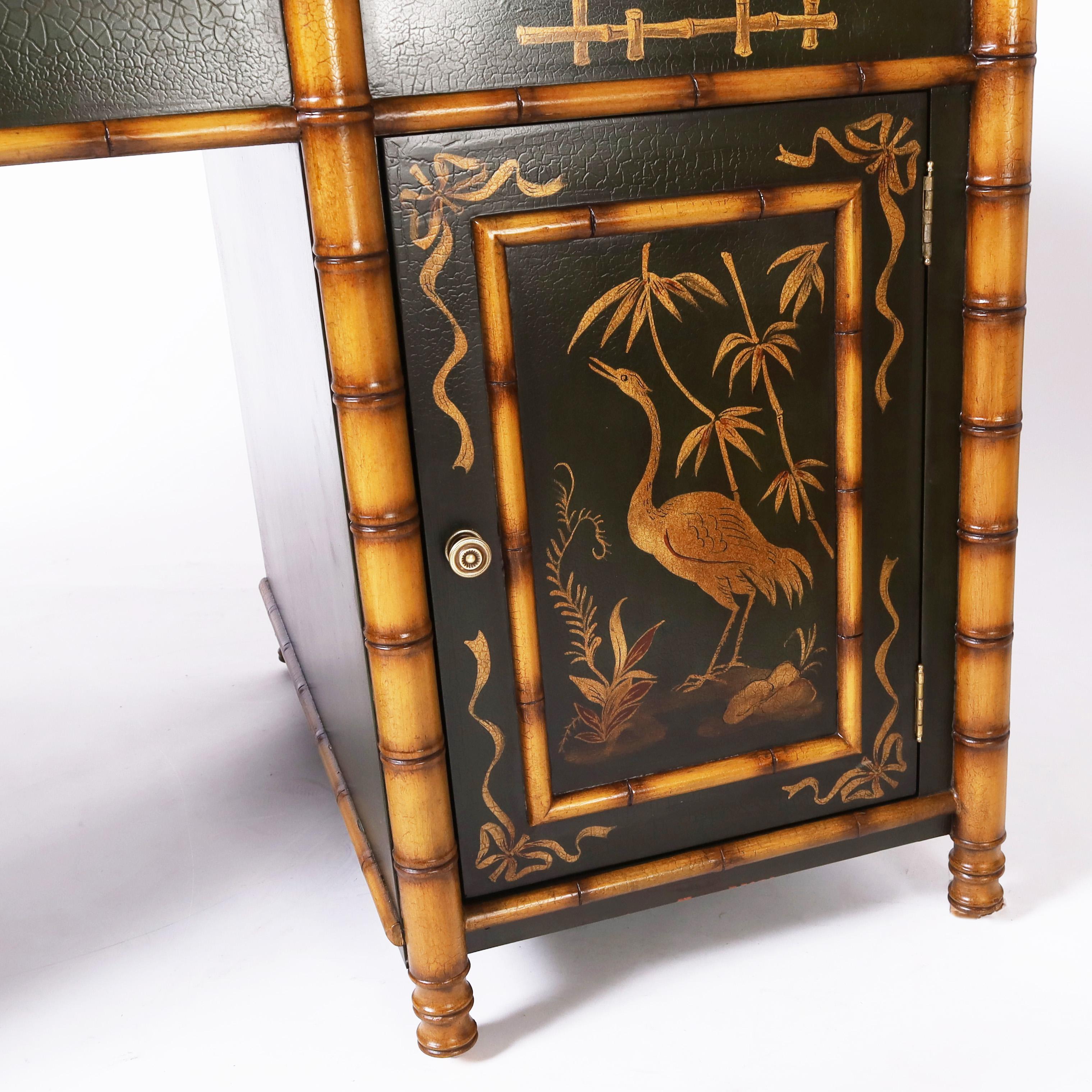 Vintage Faux Bamboo Chinoiserie Leather Top Desk 6