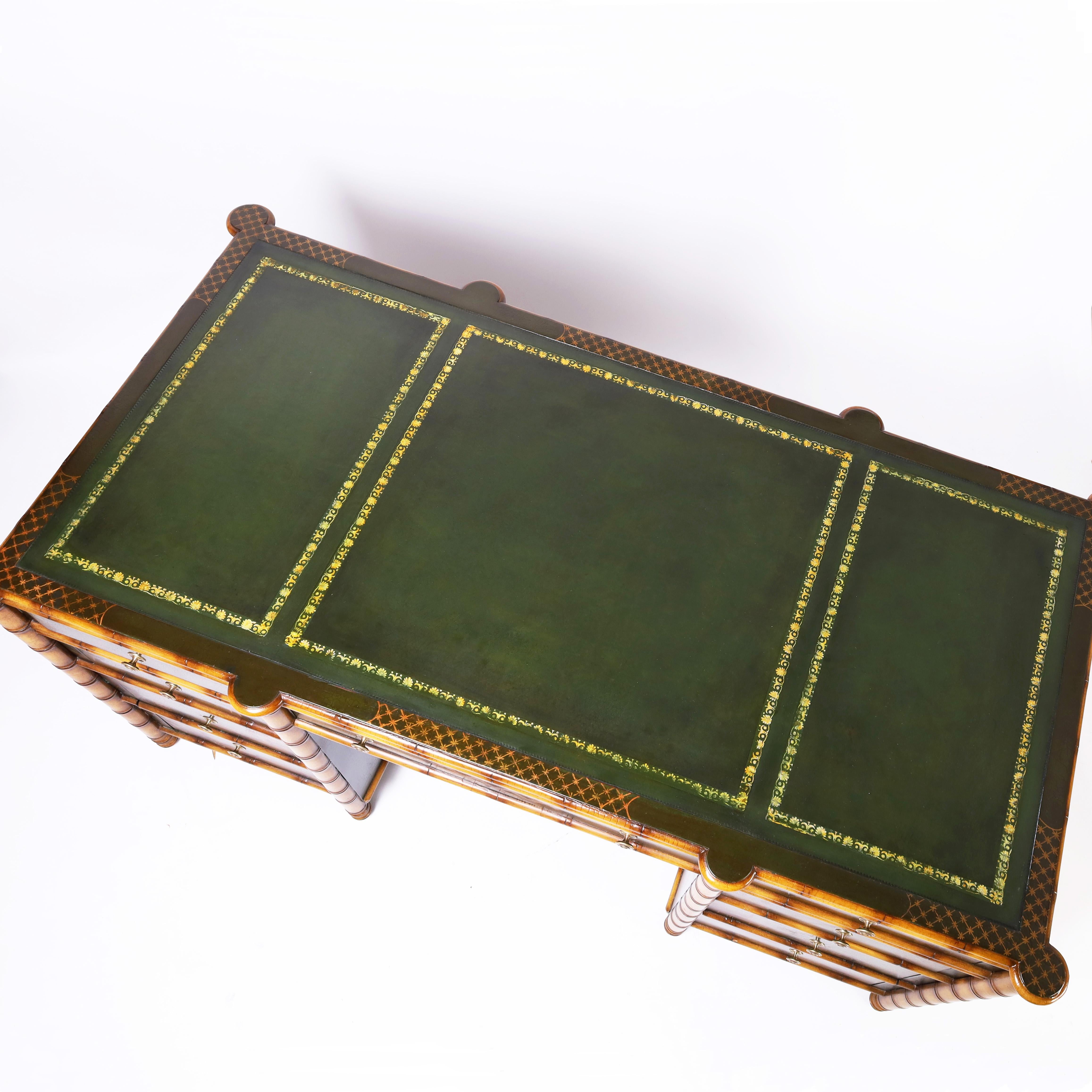 Hand-Painted Vintage Faux Bamboo Chinoiserie Leather Top Desk