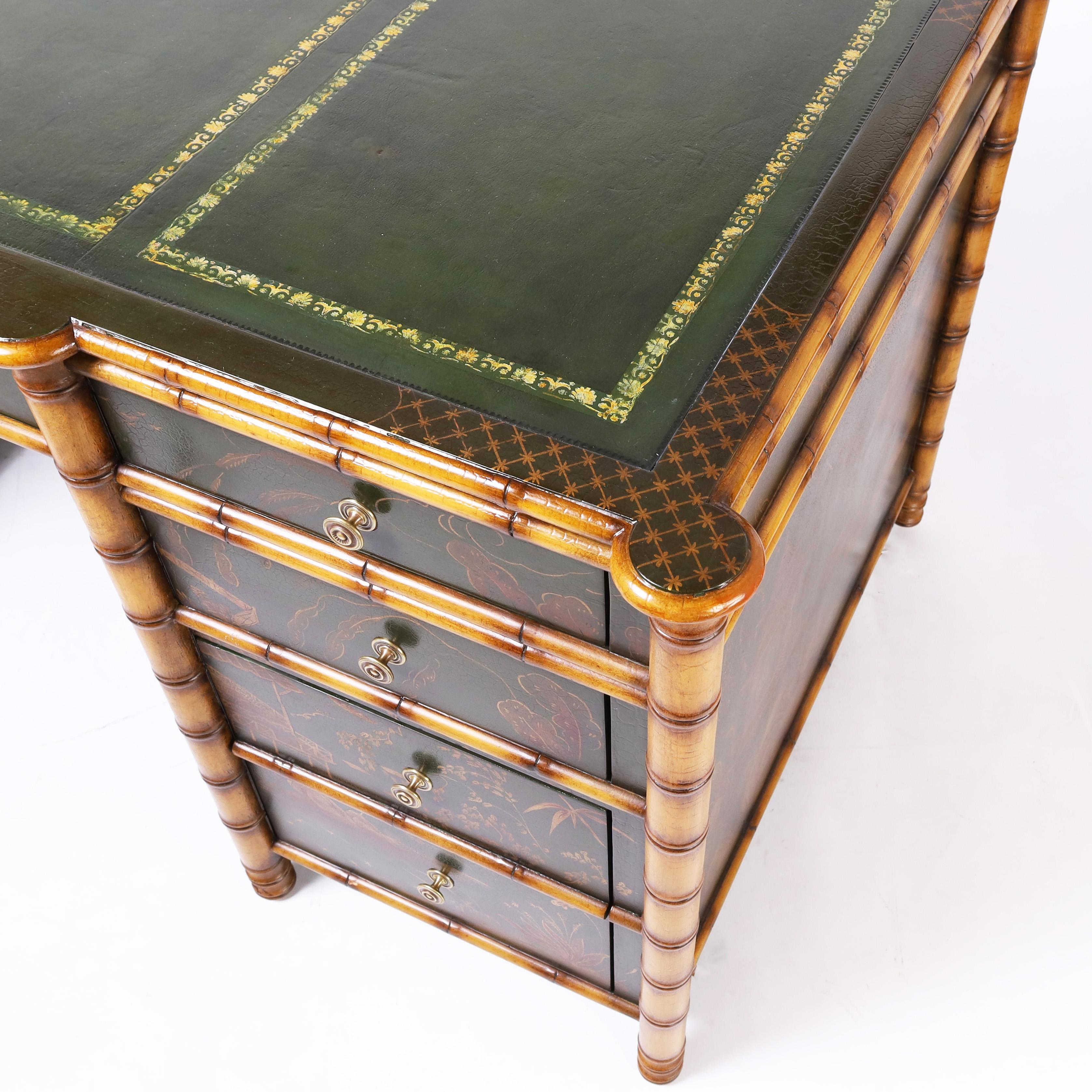 Vintage Faux Bamboo Chinoiserie Leather Top Desk In Good Condition In Palm Beach, FL