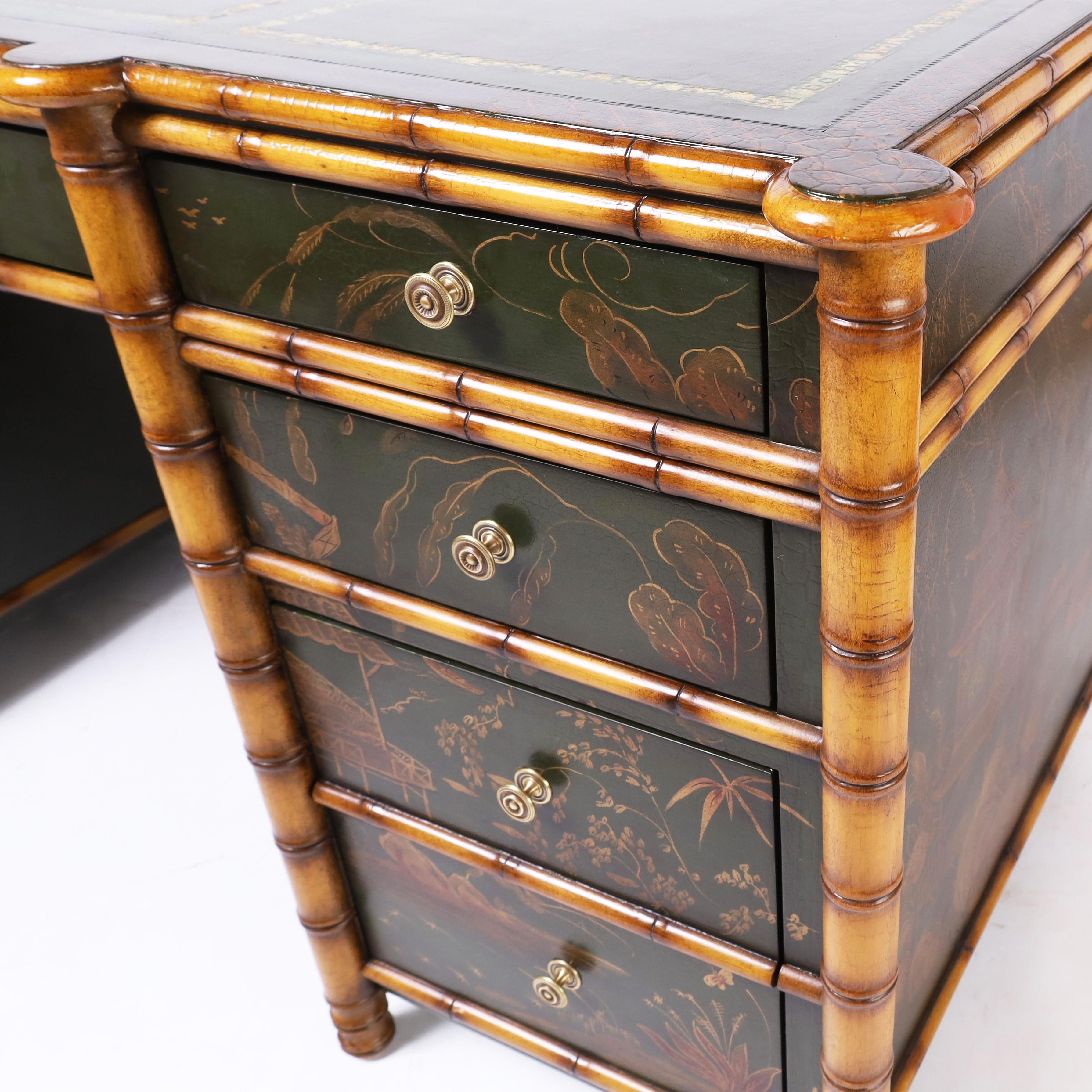 20th Century Vintage Faux Bamboo Chinoiserie Leather Top Desk