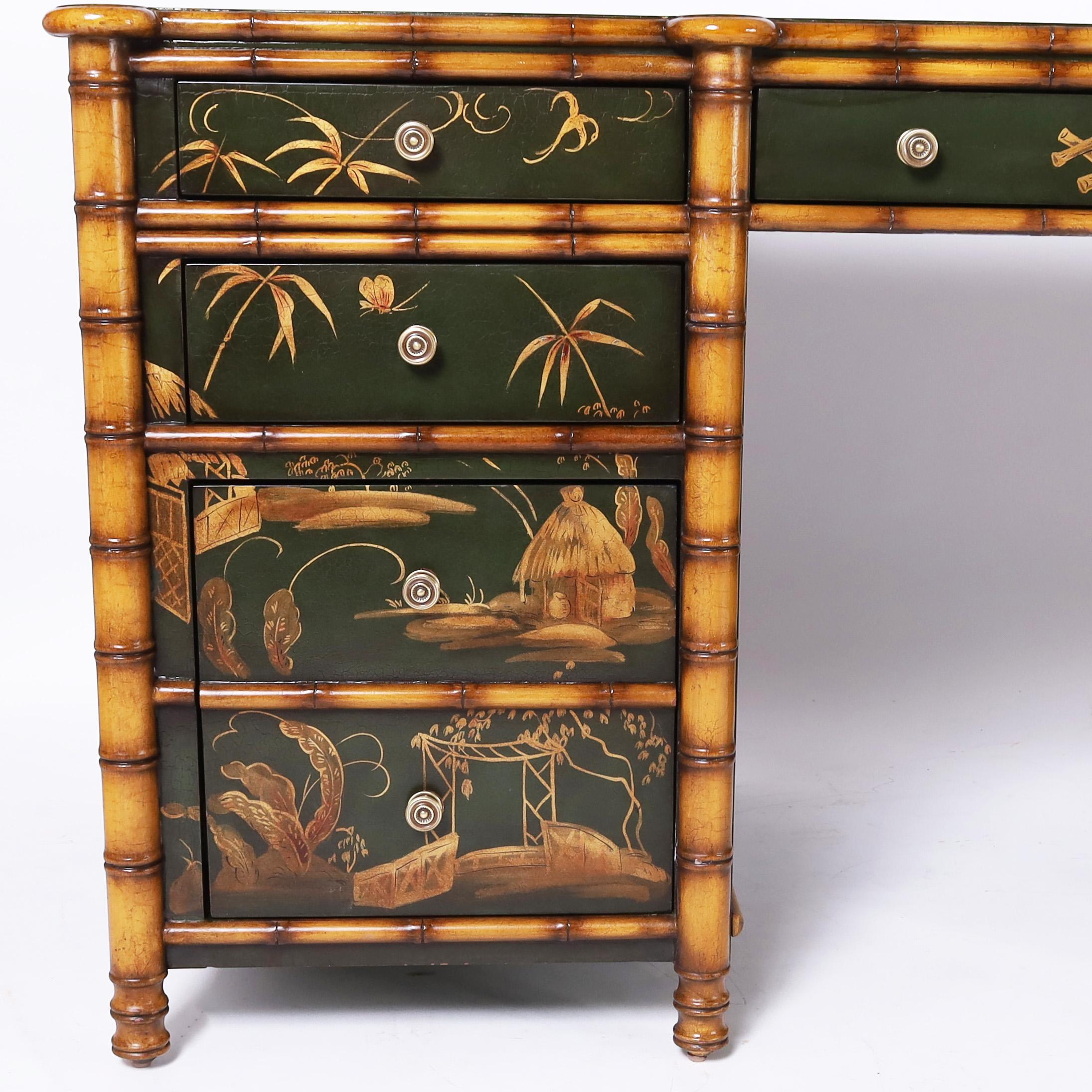 Vintage Faux Bamboo Chinoiserie Leather Top Desk 1