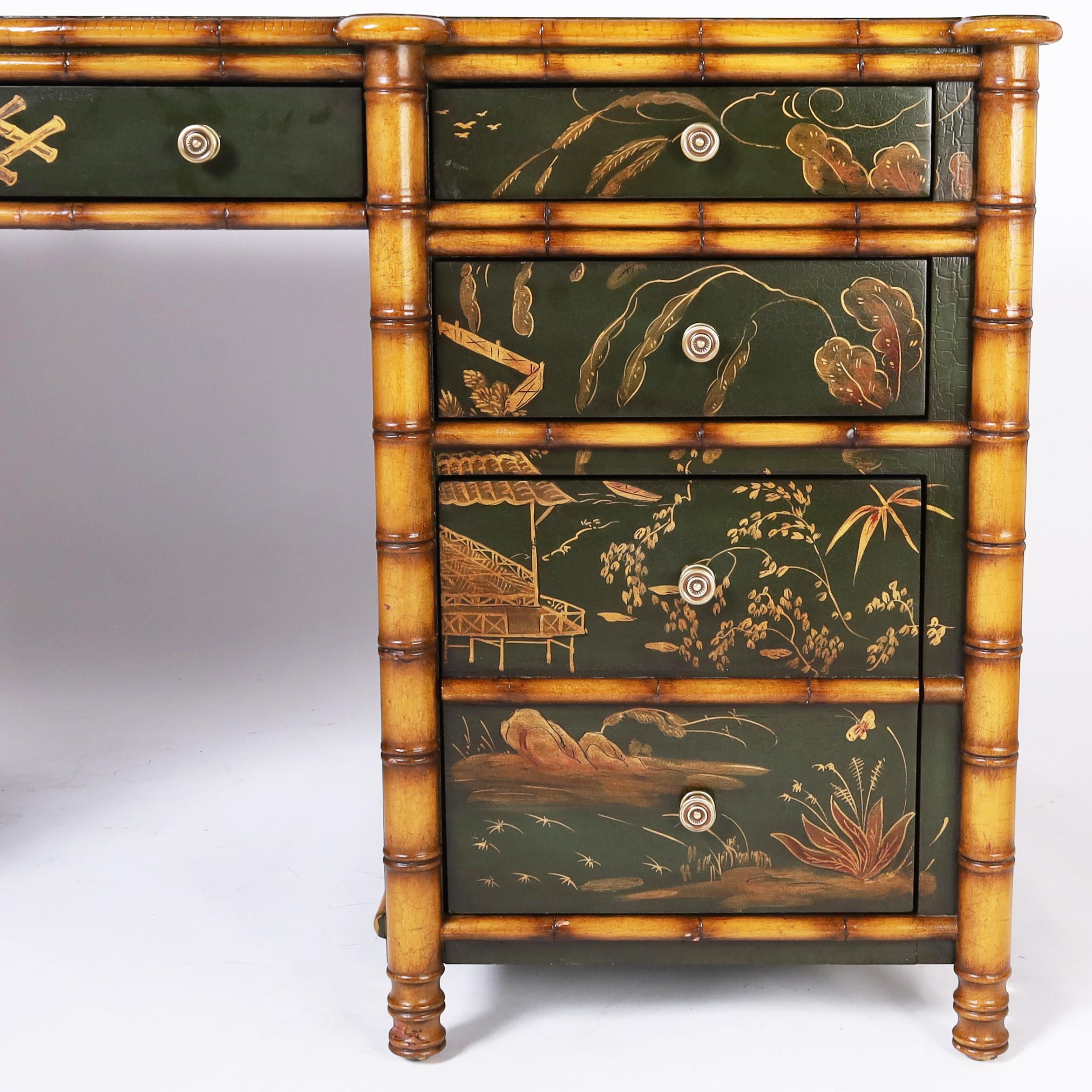 Vintage Faux Bamboo Chinoiserie Leather Top Desk 2