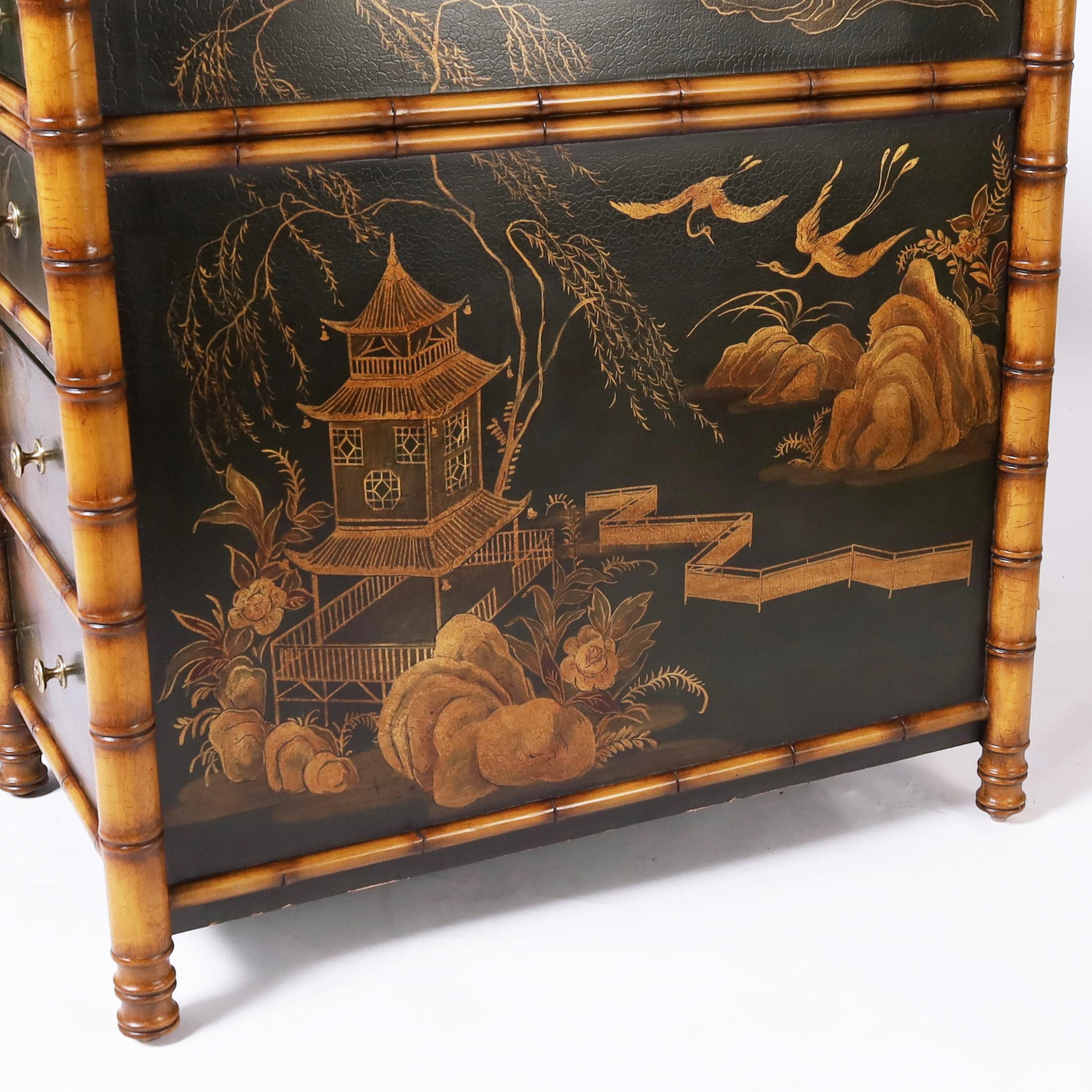 Vintage Faux Bamboo Chinoiserie Leather Top Desk 3