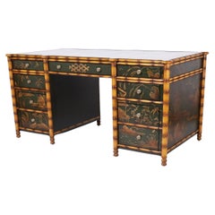 Vintage Faux Bamboo Chinoiserie Leather Top Desk