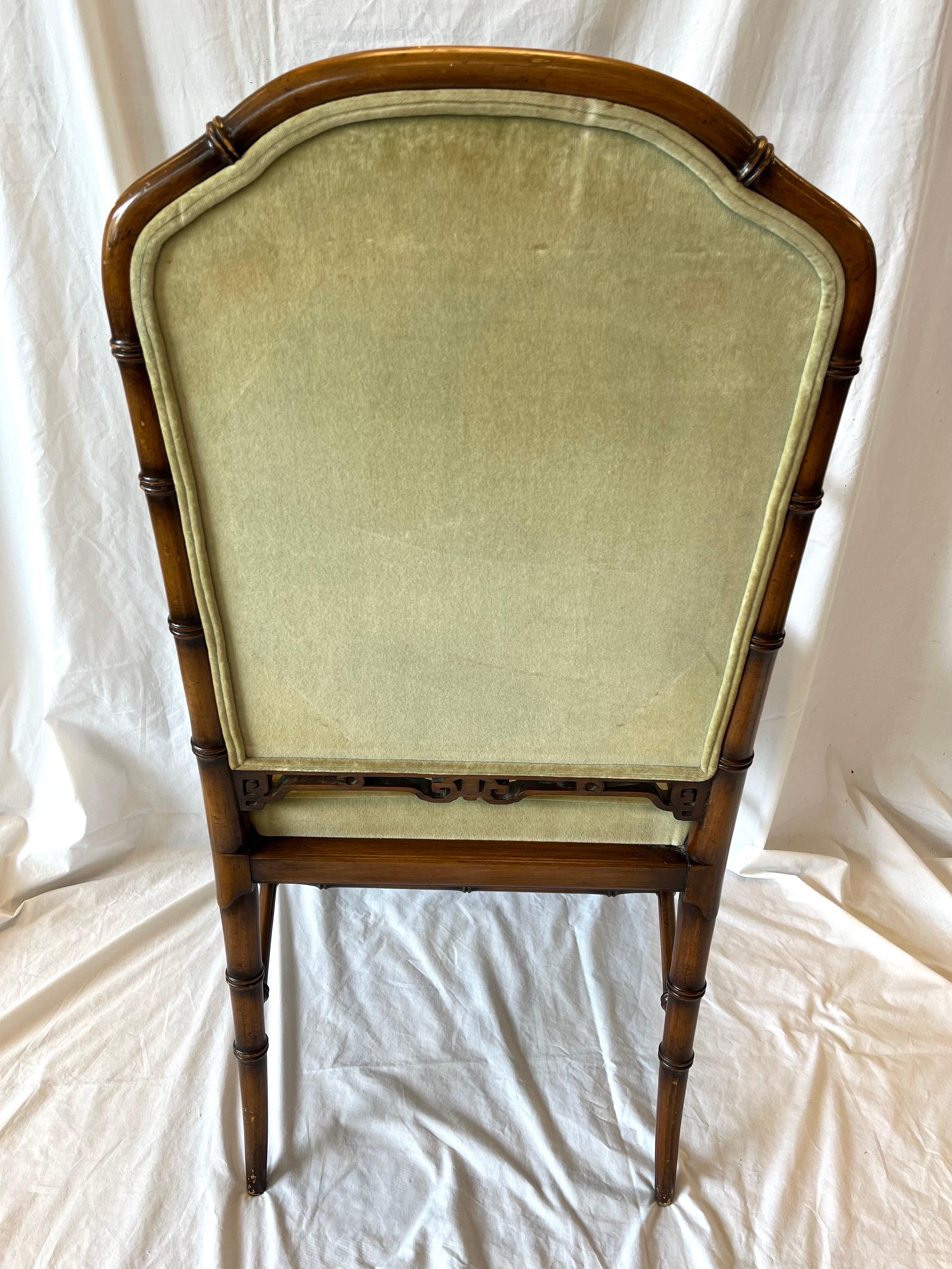Vintage Faux Bamboo Chinoiserie Style Upholstered Fretwork Armchair Desk Chair 4