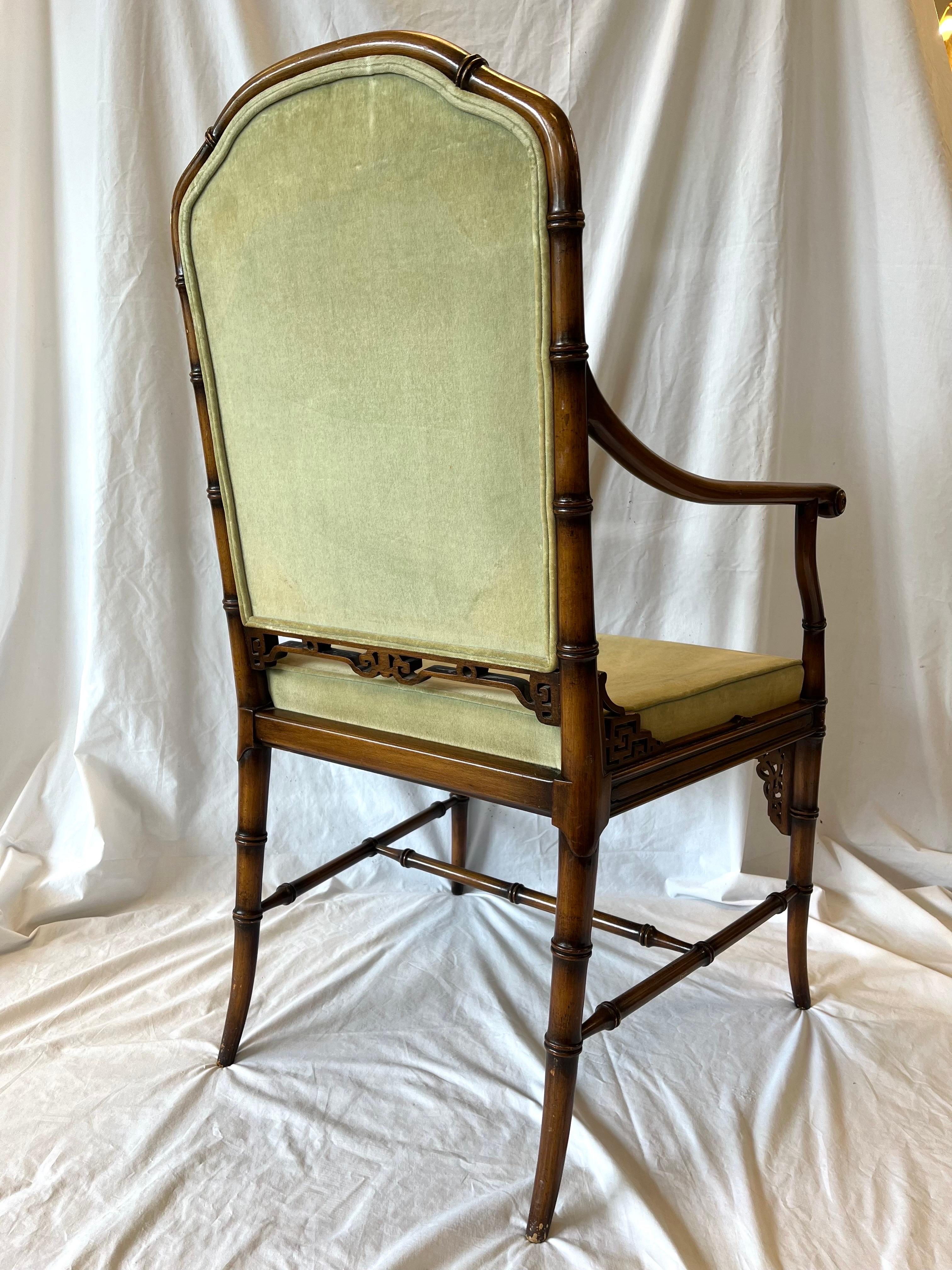 Vintage Faux Bamboo Chinoiserie Style Upholstered Fretwork Armchair Desk Chair 5