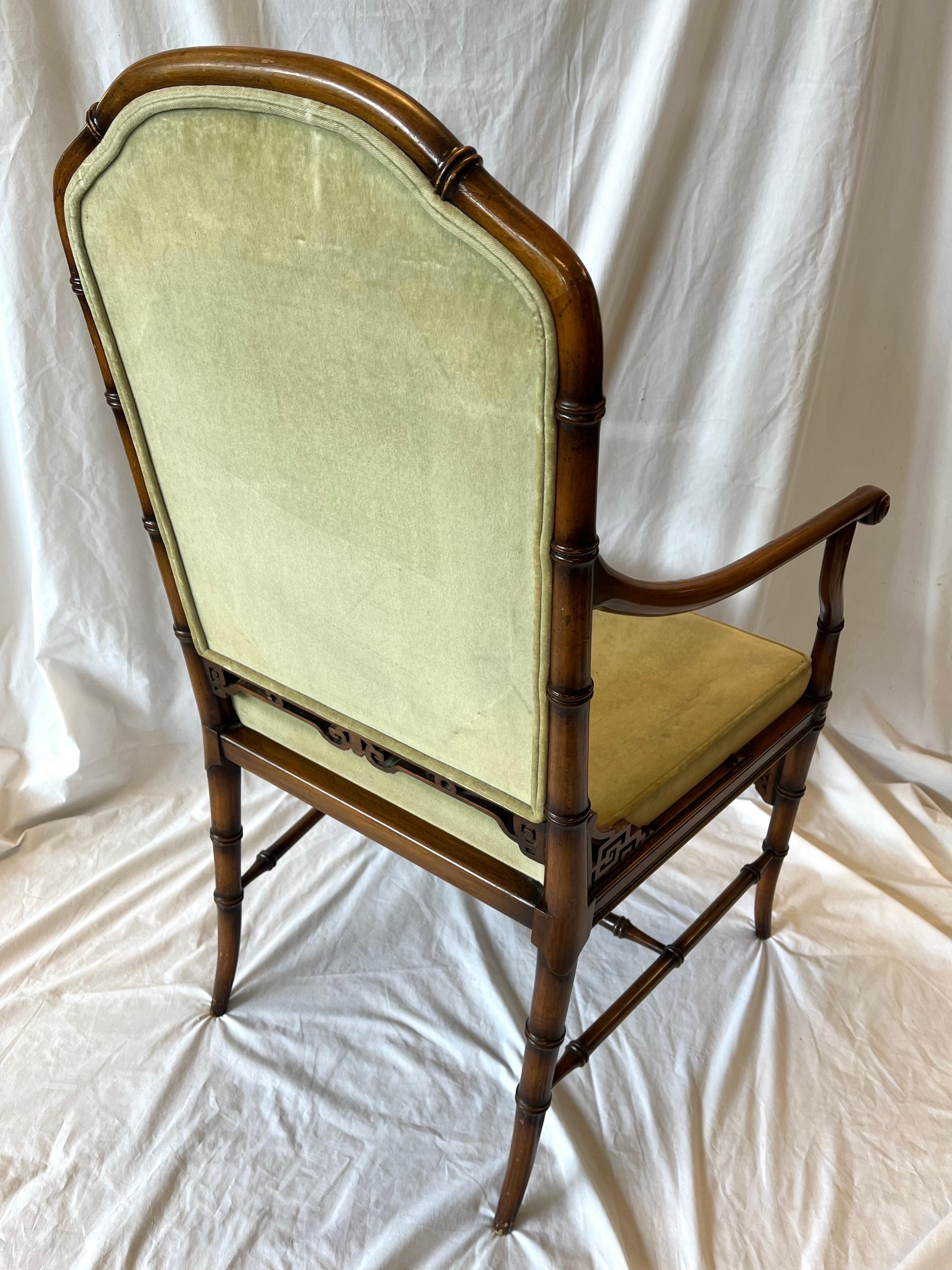 Vintage Faux Bamboo Chinoiserie Style Upholstered Fretwork Armchair Desk Chair 6