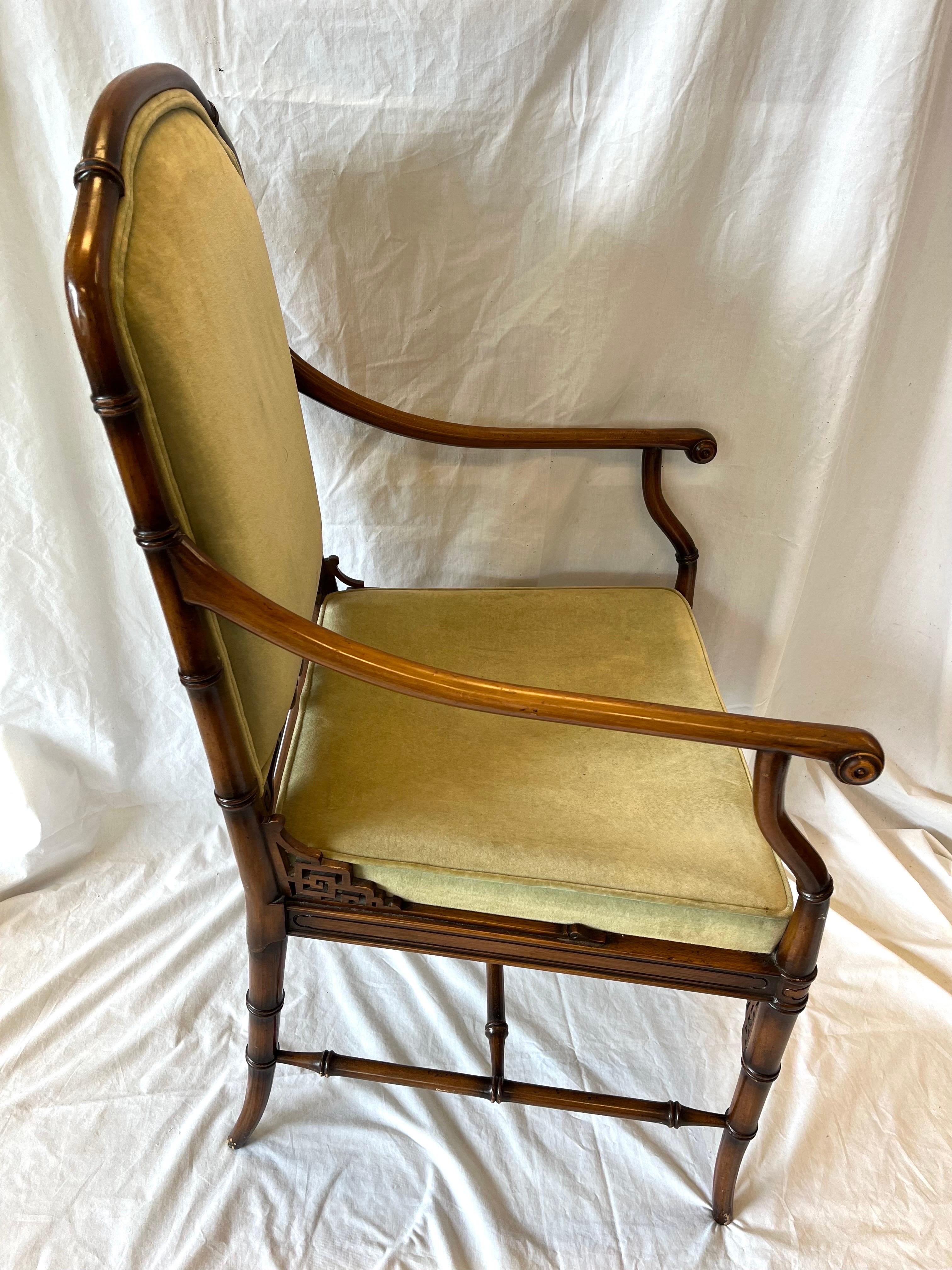 Vintage Faux Bamboo Chinoiserie Style Upholstered Fretwork Armchair Desk Chair 8