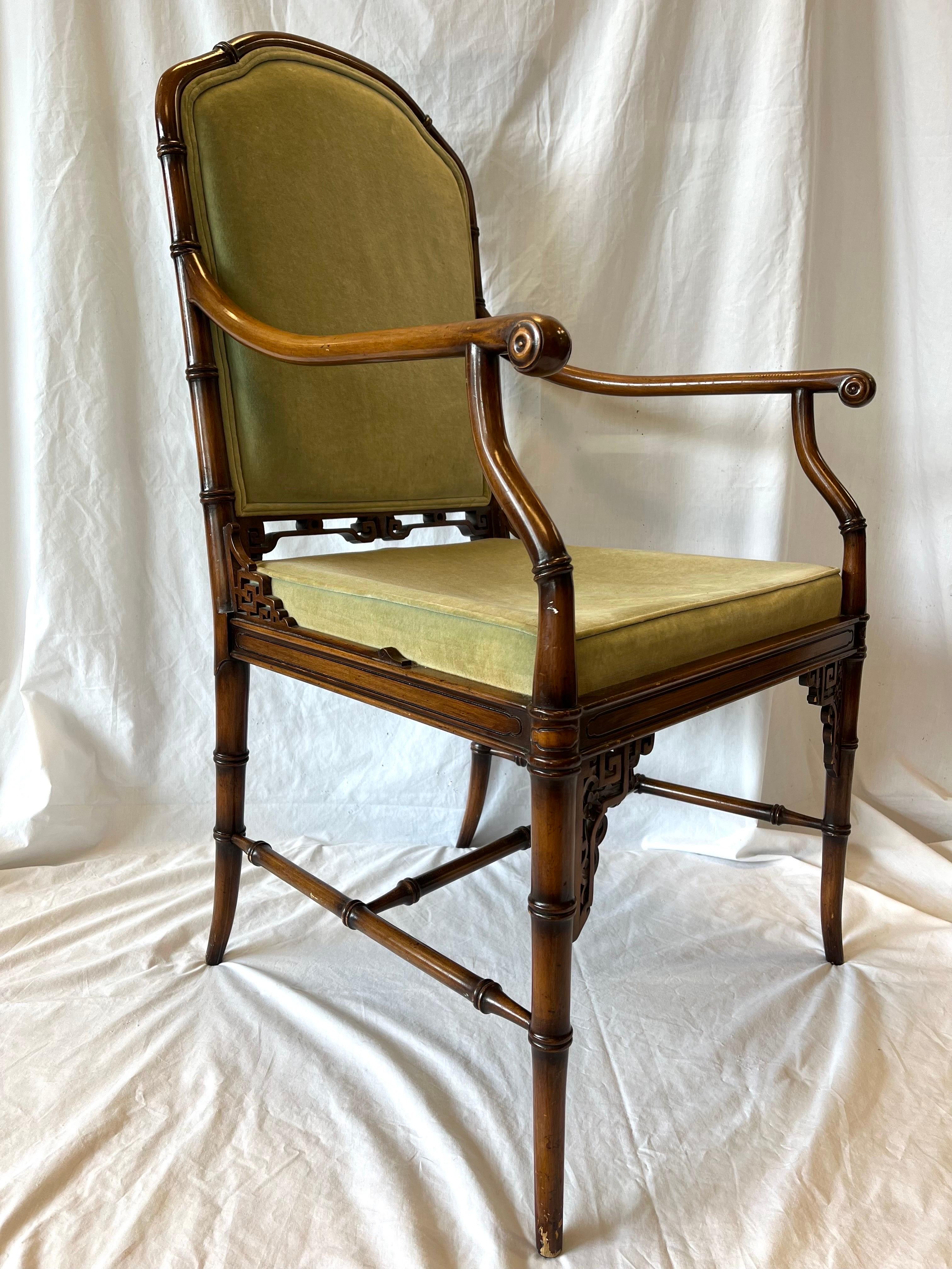 Vintage Faux Bamboo Chinoiserie Style Upholstered Fretwork Armchair Desk Chair 9