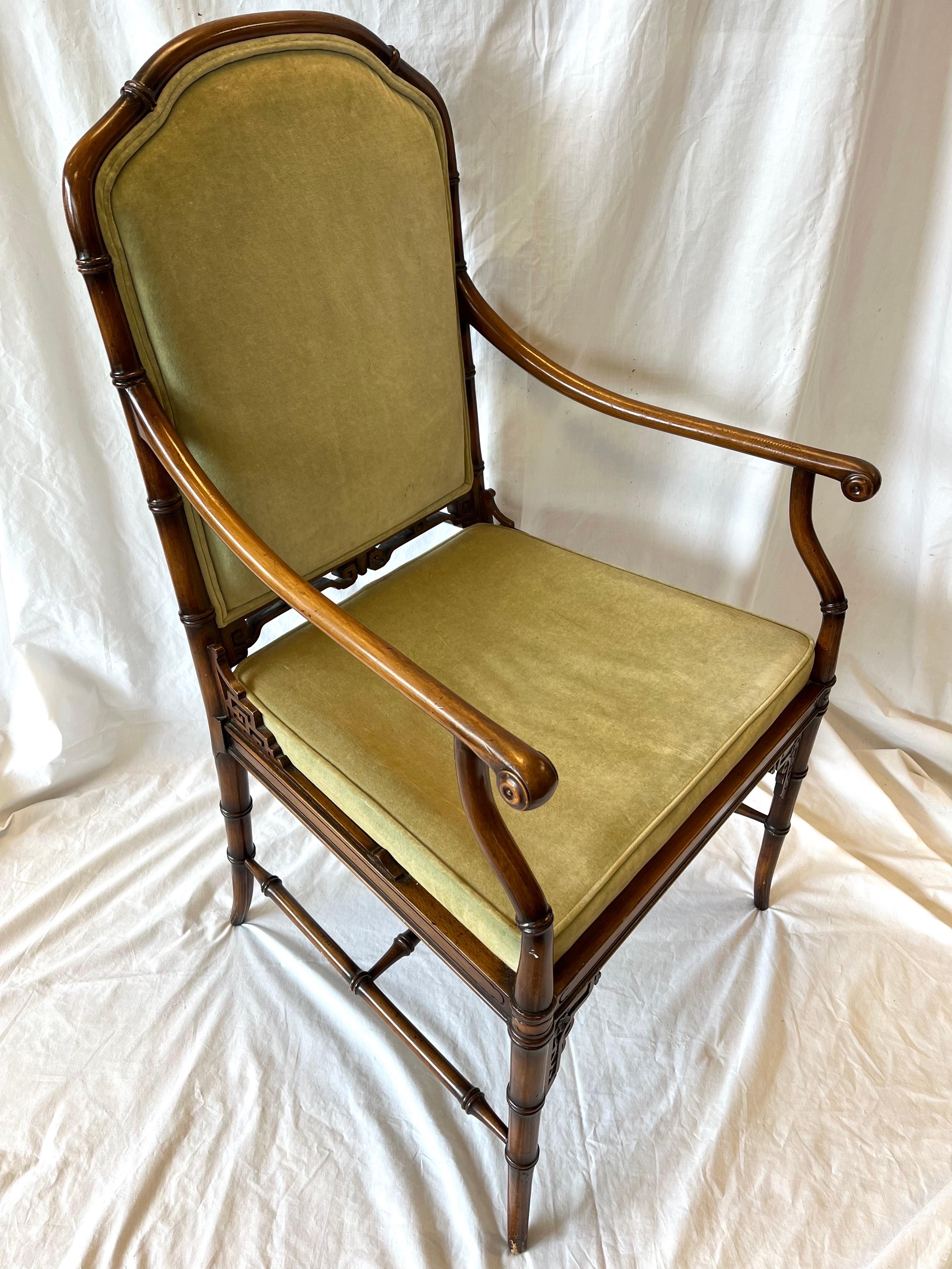 Vintage Faux Bamboo Chinoiserie Style Upholstered Fretwork Armchair Desk Chair 10