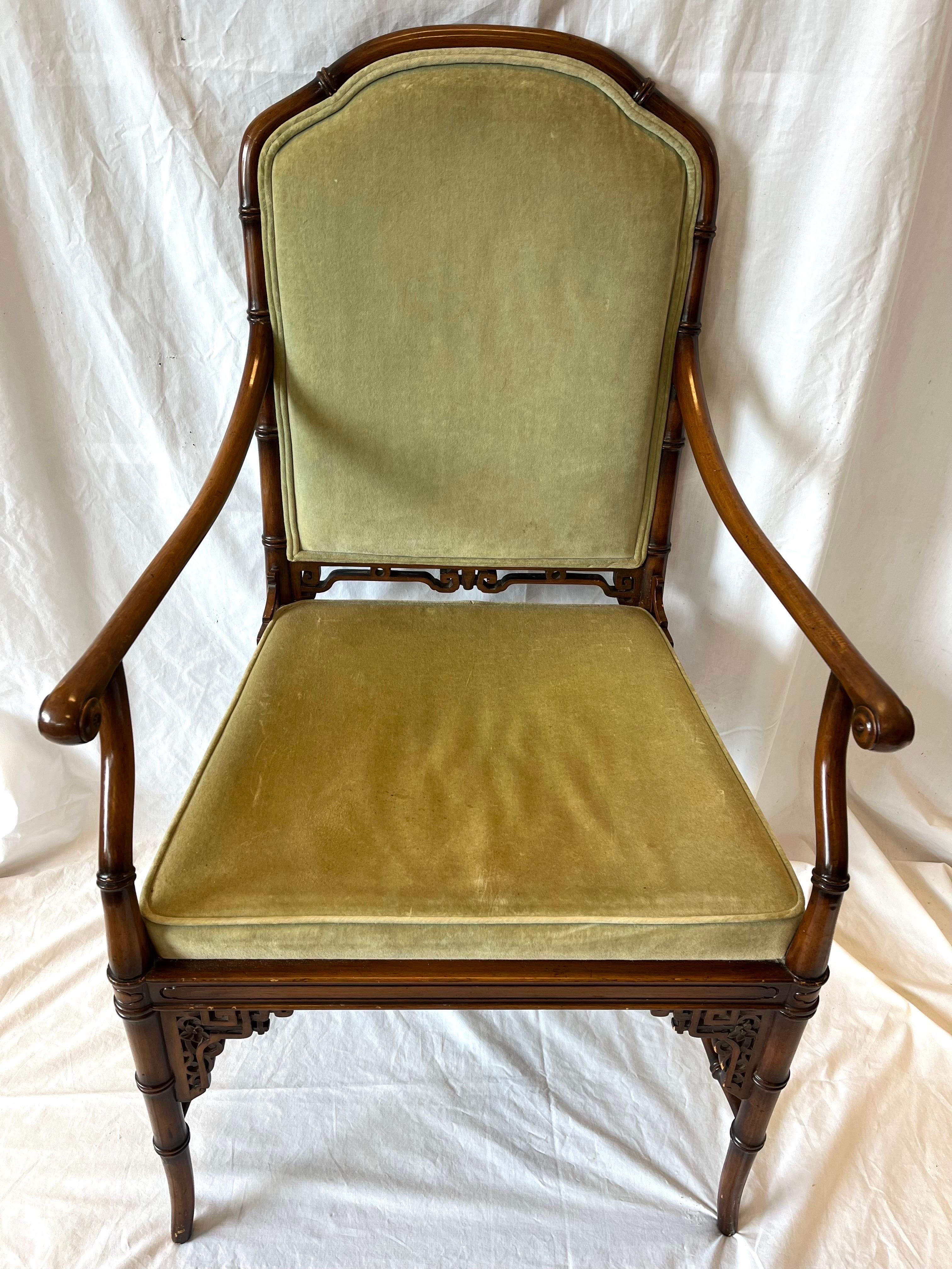 Vintage Faux Bamboo Chinoiserie Style Upholstered Fretwork Armchair Desk Chair 11