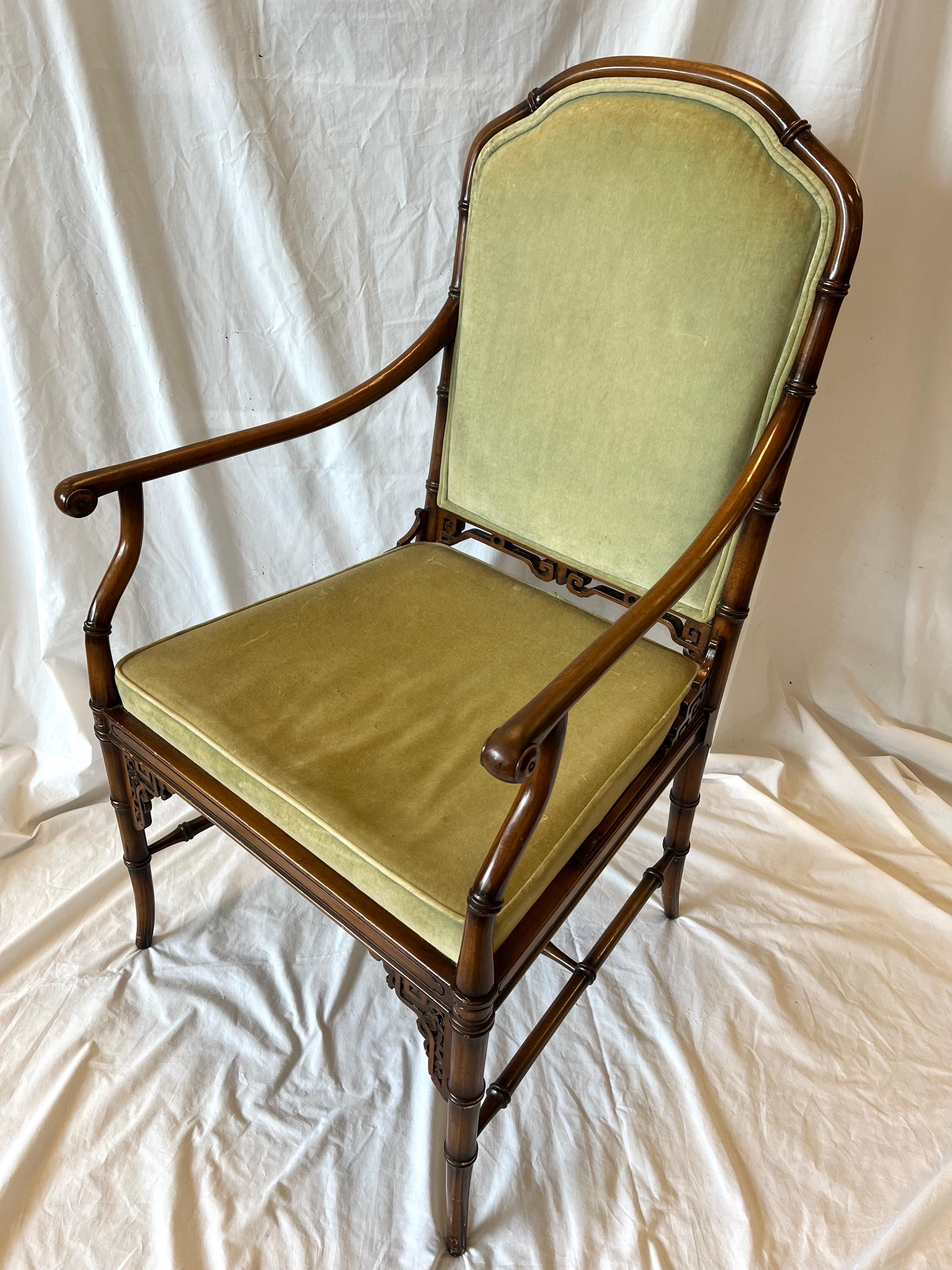 Vintage Faux Bamboo Chinoiserie Style Upholstered Fretwork Armchair Desk Chair In Good Condition In Atlanta, GA